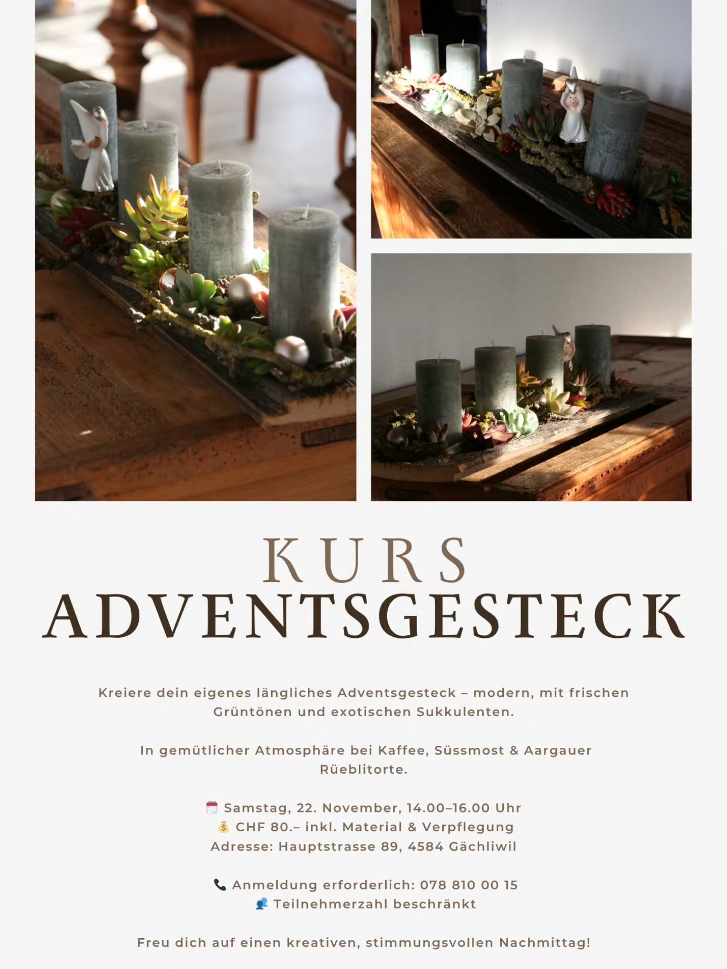 Endlich kommt er, mein erster Kurs. Ich lade dich herzlich ein, in einer gemütlichen Runde dein eigenes Adventsgesteck zu kreieren. Melde dich gleich an unter: 078 810 00 15
#advent #adventsgestecke #sukkulente #adventszeit