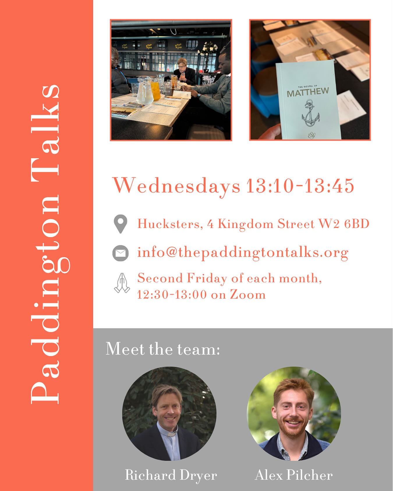 Lunchtime Talk Tuesdays!
Find out whatās going on across central London with our series introducing you to a different talk each week.
The Paddington Talks...
Sceptics, enquirers and Christians alike are warmly invited to join us each Wednesday for lunch and a short Bible talk.
Current series: Jesus: Lord of all, Matthew 20-22
We live in a world in which we all jostle and compete for position. We see it in politics and on the world stage but also in our offices, our friendship groups and even our families. We donāt like it when we see others climbing the ladder by putting people down and yet we find ourselves drawn into playing the same game. But Jesus shows us a gentle, humble leadership which is radically different. How do you respond to Him?
The Paddington Talks are run by a group of Christians who all work in the Paddington area and attend different churches on a Sunday.
ā Wednesdays 13:10-13:45
šHucksters, 4 Kingdom Street, W2 6BD
āļø info@thepaddingtontalks.org
š Second Friday of each month, 12:30-13:00 on Zoom
š thepaddingtontalks.org
#gospelatwork #paddington #london #lunchbreak #faithatwork #biblestudy #christianity