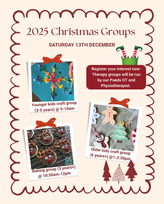 🎄 Christmas Holiday Groups are here! 🎄
Give your little ones a joyful and therapeutic festive season with our fun holiday programs run by our Paediatric OT, Speech & Physiotherapist! ✨
Each group is designed to support:
• Social & emotional development
• Motor skills & coordination
• Confidence, creativity & play skills
Limited to 6 spots per group
✅ NDIS funding accepted
📍 Allied Health Co | Gregory Hills
📅 Saturday 13th December
Groups running:
✨ Younger Kids Craft Group (3–5yrs) • 9:00–10:00am
🍪 Baking Group (3yrs+) • 10:30am–12:00pm
🎁 Older Kids Craft Group (6yrs+) • 1:00–2:30pm
Register your interest now — spots fill fast! 🎁
Send us a message or call 02 9051 2428 to book.