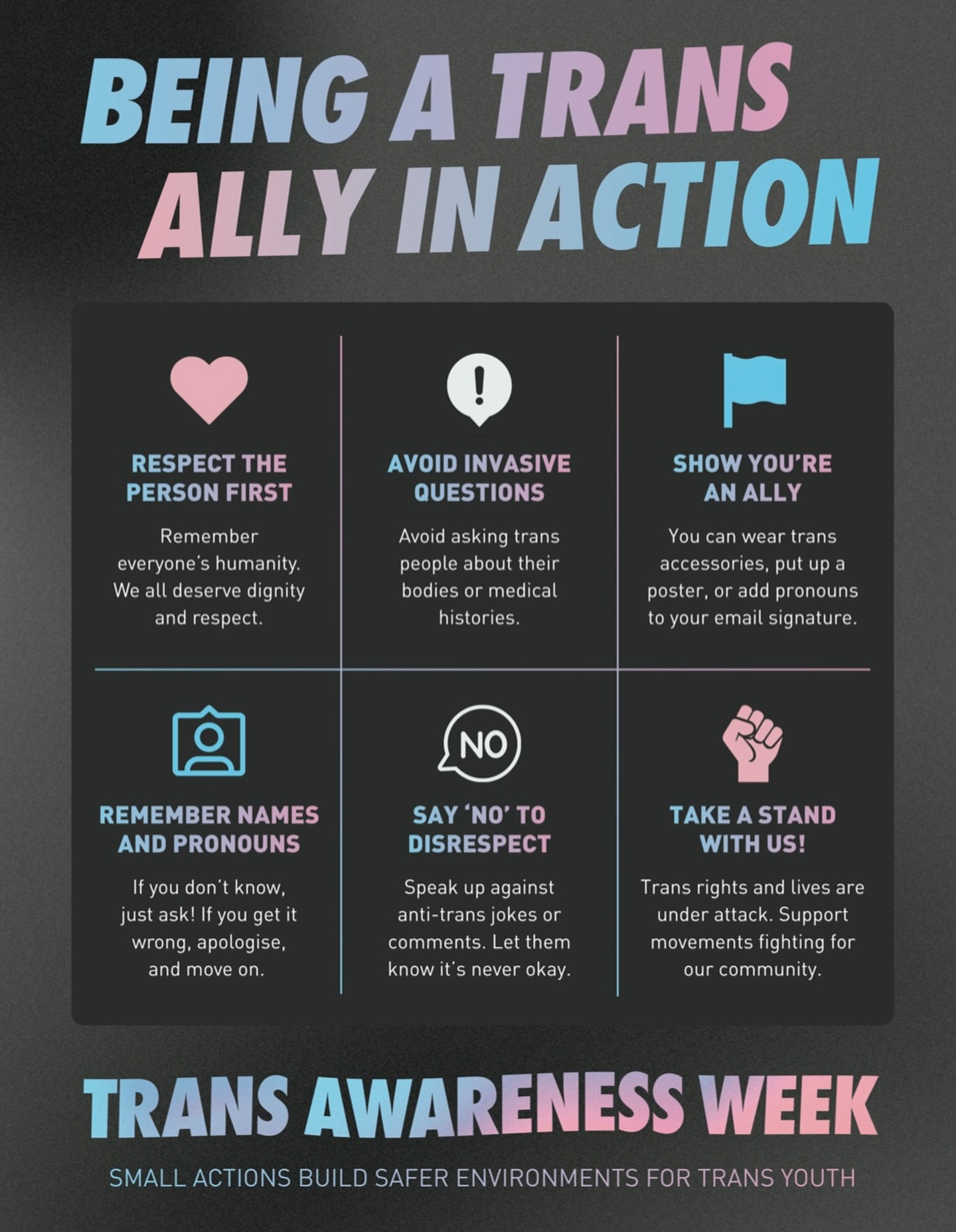 It’s Trans Awareness Week and all of us at East Vic Roller Derby extend our love, support and admiration of the trans community, both within our league and beyond 💜
Showing our allyship for the trans community is something we can do everyday, but throughout Trans Awareness Week, take the time to learn how you can be better at making your trans friends, loved ones and teammates feel more safe and comfortable always 🏳️⚧️
Image from @minus18youth @transjusticeau