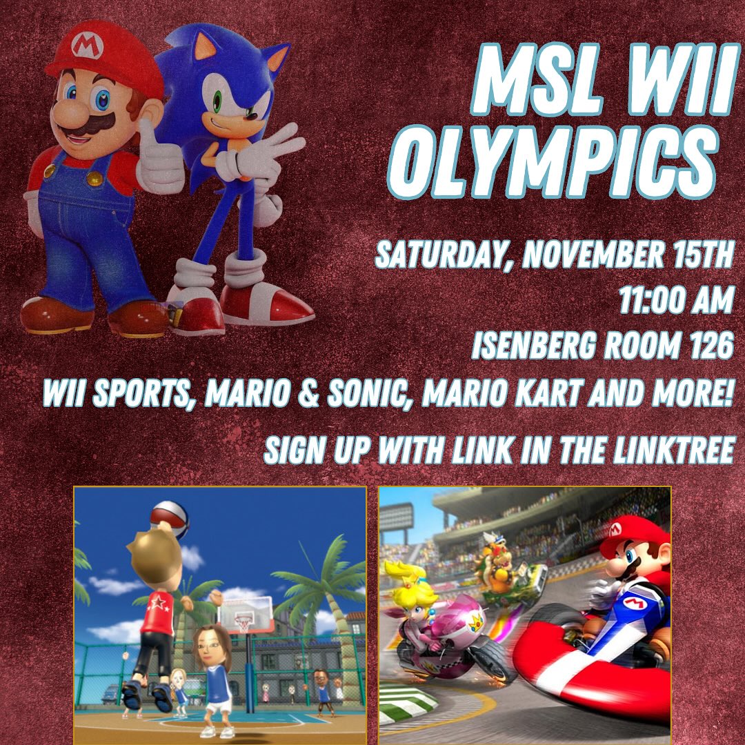 MSL is hosting Wii Olympics this Saturday at 11 AM! Sign up today using the interest form in our LinkTree!