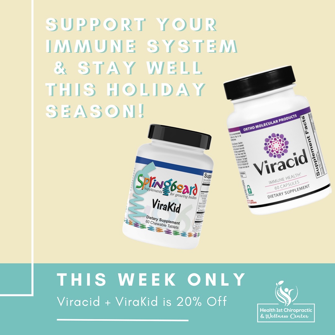 Late nights, cold weather, and holiday treats?🥧🍪🍫
Your body’s working overtime this season — give it the extra support it needs!
✨ Viracid is on sale this week only at Health 1st Chiropractic! Offer ends Sunday, so stock up and save 20% while supplies last!
Support your immune system so you can enjoy all the fun without the fatigue. 💪💚
#Health1stChiropractic #Viracid #HolidayWellness #ImmuneBoost