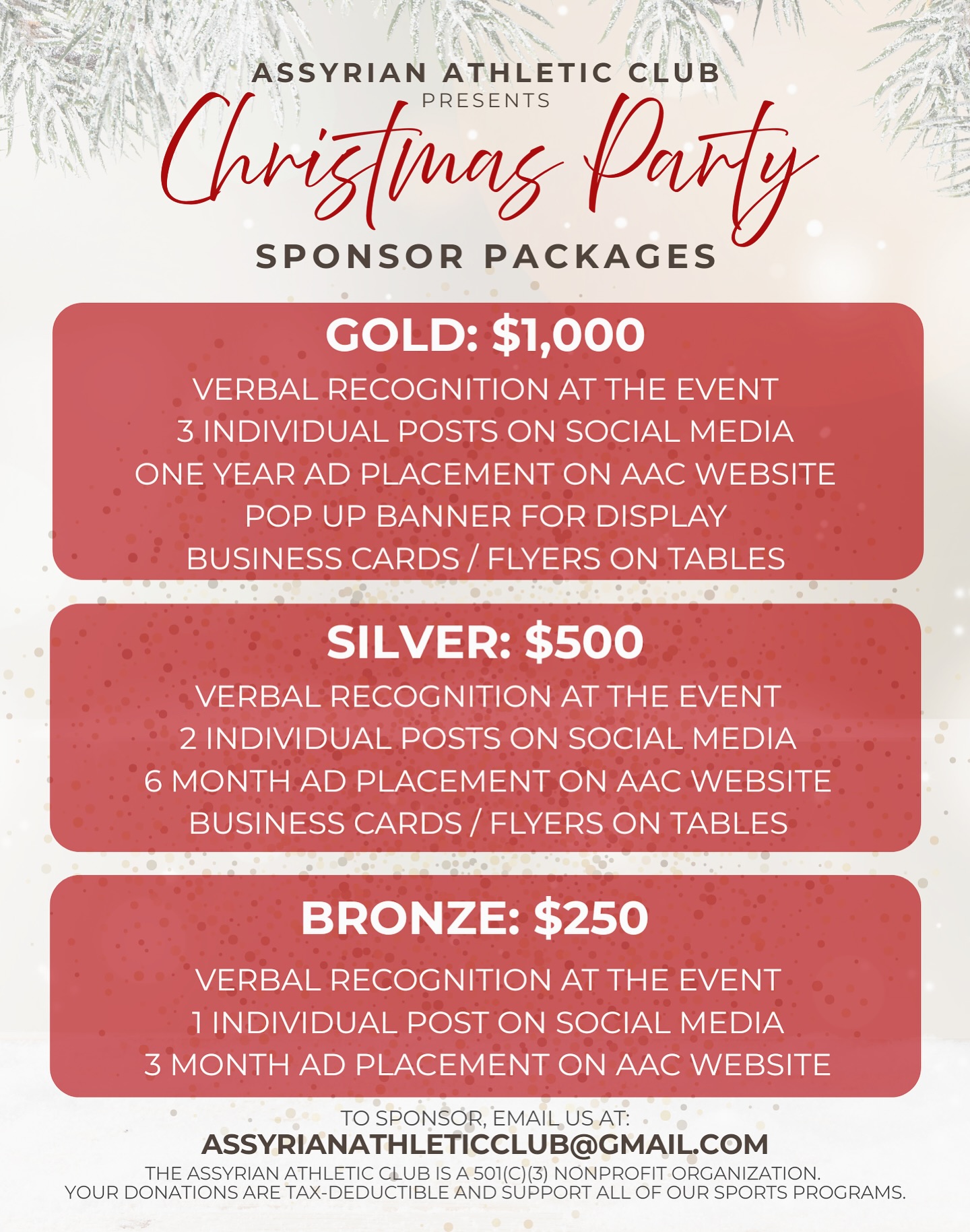 Become a sponsor for our Christmas Party and help us strengthen all of our AAC programs! These contributions allow us to keep growing, improving, and offering more opportunities for our athletes and families.
Email AssyrianAthleticClub@gmail.com to sponsor or if you have any questions!