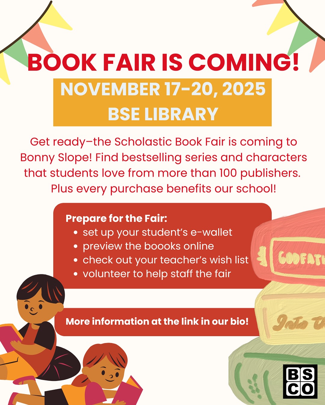 Book Fair will be at Bonny Slope next week! 📚🛍️ All classes will have a chance to shop the Book Fair between November 17th and 20th. You can shop with your student after school on 11/17 3-4 pm or during Family Night on 11/19 3-6:30 pm. Find more details - and set up your student’s e-wallet - at the link in our bio!