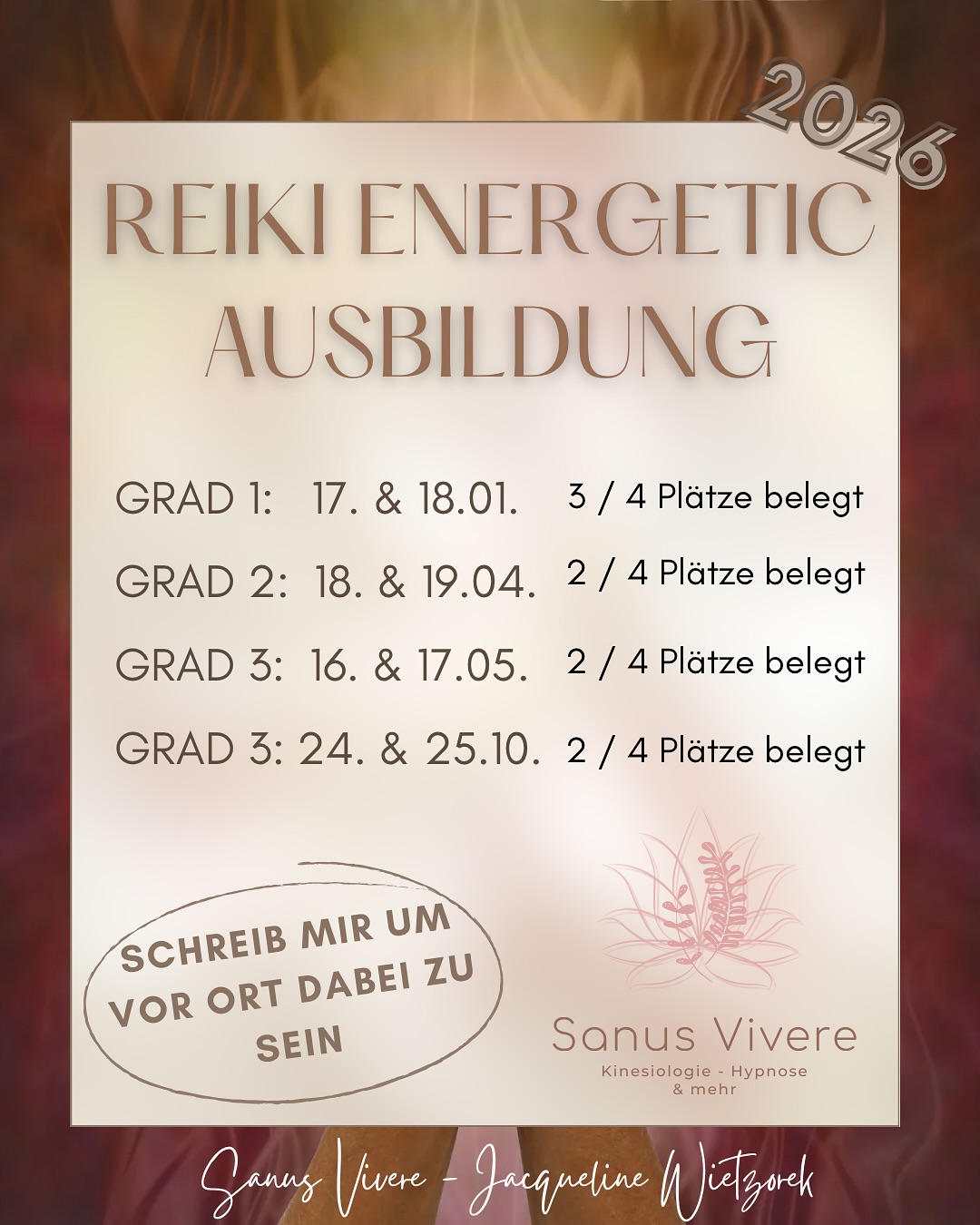 So jetzt ist es offiziell soweit und die ersten Termine für meine Ausbildung 2026 finden statt.
Es war ein aufregendes 2025, mit vielen ersten Malen, es wurde immer intensiver und intensiver, sowie tiefer, egal um welchem Grad es sich handelte😅…
Somit wurde mir immer mehr klar, es geht um viel mehr… Wenn du dabei bist, wirst Du es fühlen.
Das sind also die ersten feststehenden Termine für das neue Jahr, einige Plätze sind schon reserviert - wenn du dabei sein magst, egal bei welchem Grad melde dich gern.
Je nach Grad gibt es einiges, was ich selbst entwickelt habe und die Anwendungserfahrungen in den Kursen wirklich grandios sind.
Wenn Du bereit bist die neue Welt in deine Arbeit zu integrieren, dann melde Dich gern an.
Es können bei Bedarf auch intuitiv weitere Termine entstehen, dies ist die Vorplanung im aktuellen Feld. ❤️
Jeder kann diese Energiearbeit erlernen, in seinem eigenen Tempo. Trau Dich!
Du kannst auch z. B. nur den 1. Grad machen oder den, der als nächstes bei dir kommt, bist du bereits eingeweiht. Auch Wiederholungen der Einweihungen sind sinnvoll und vertiefen die Energie und Praxis.
Es ist keine Pflicht alle Grade abzulegen. ❤️ Manchmal kommt der Wunsch weiter zu machen, auch später ..
Die Energiearbeit ist die Zukunft..umso besser du lernet mit deiner Energie umzugehen, desto einfacher wird es dir in den nächsten Jahren ergehen.
Energetic Reiki Lehrerin & Meisterin Jacqueline
#reikimaster #reiki #reikihealing #2026
#energiearbeit #energetik #emotionenverstehen #bewusstsein #bewusstseinerhöhen #kinesiologie #oerlinghausen #bielefeld #lage #detmold #lemgo #hallewestfalen #leopoldshöhe #nordrheinwestfalen #energieausbildung #ausbildung