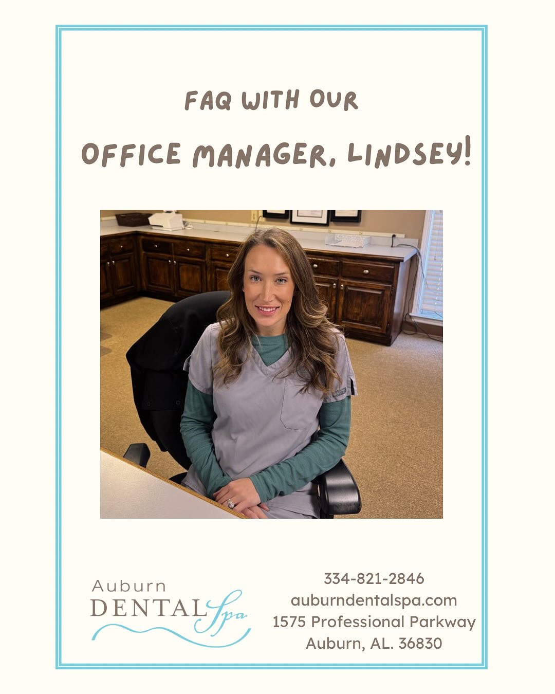 Happy Monday from Auburn Dental Spa!🩵
Want to know if we take your insurance?! Check out today’s FAQ with our amazing office manager, Lindsey!🤩