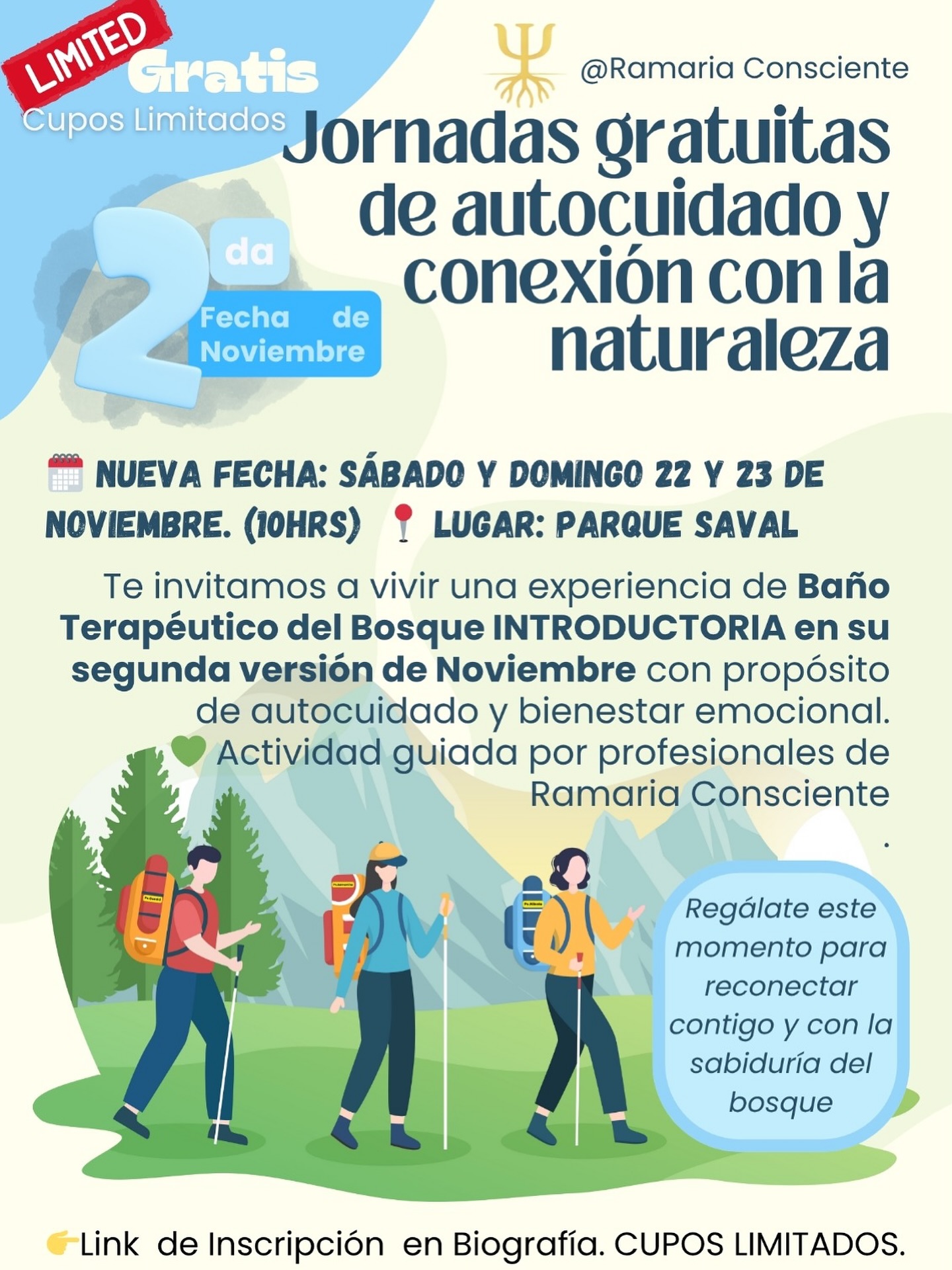 🌿 ¡Nuevas fechas abiertas este mes de Noviembre! 🌿
Después del hermoso interés en nuestra jornada anterior, abrimos dos nuevas sesiones de Baños de Bosque con propósito de autocuidado:
🍃 Actividad guiada por profesionales de Ramaria Consciente
🗓 Fechas:
Sábado 22 de noviembre – 10:00 hrs
Domingo 23 de noviembre – 10:00 hrs
📍 Lugar: Parque Saval
💚 Actividad gratuita – cupos limitados
Inscríbete aquí 👉 https://forms.gle/yCg1UfQd5X37xbcaA (link en biografía)
Regálate este momento para reconectar contigo y con la sabiduría del bosque. 🌿✨