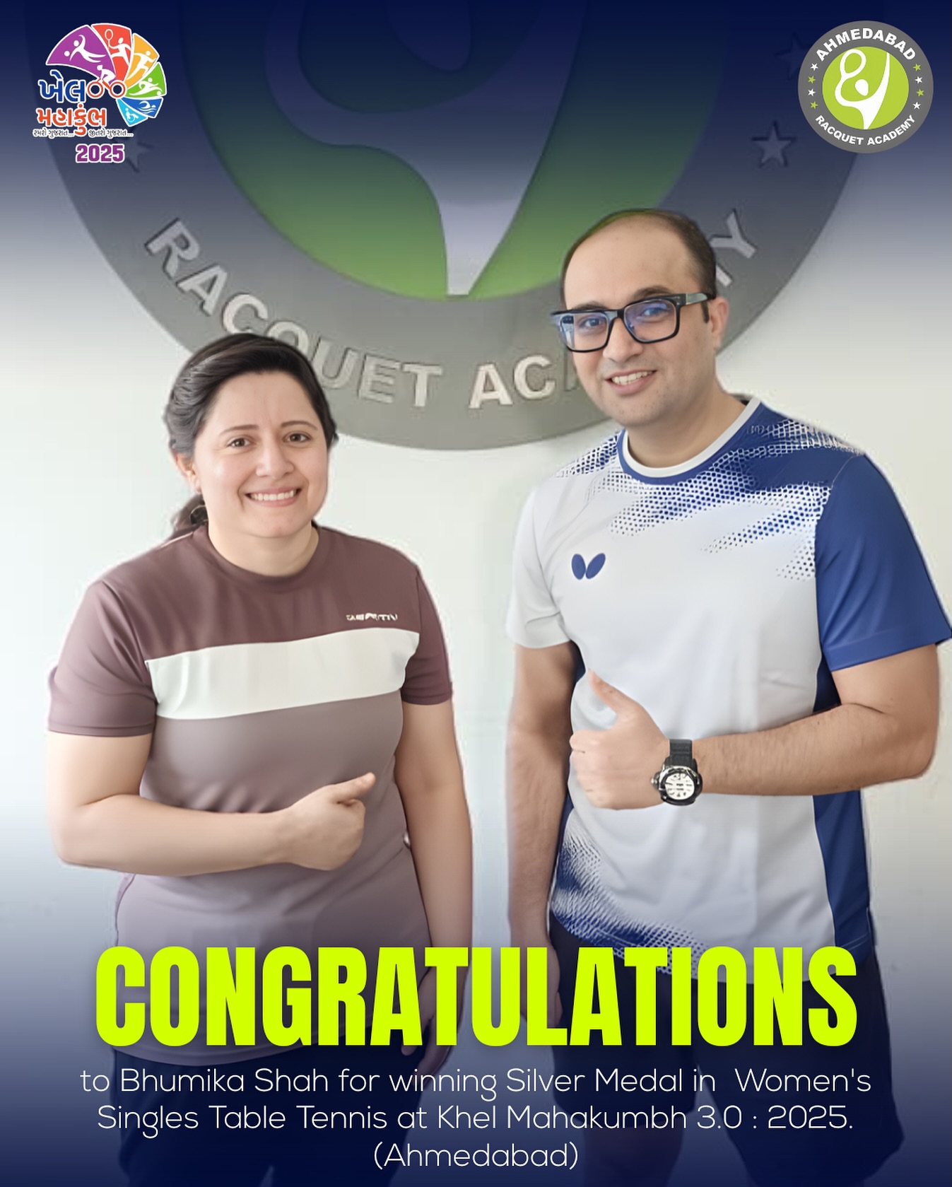 Silver shine for Bhumika Shah! ✨
A brilliant performance at Khel Mahakumbh 3.0 as she brings home the Women’s Singles Silver Medal.
Proud moment for the academy! 🏓🔥
#Ahmedabadracquetacademy #Tabletennis #khelmahakumbh