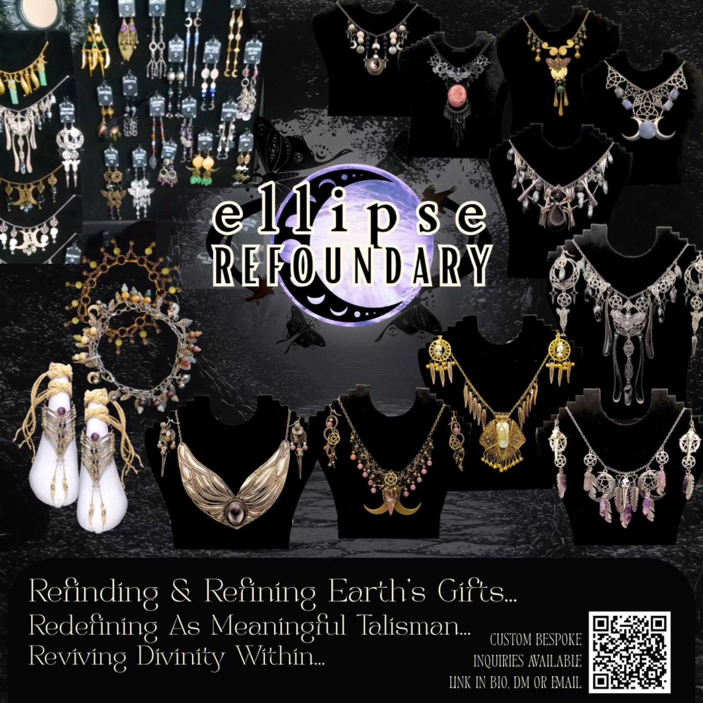 We're so excited to announce Ellipse Refoundary will be vending at our hafla! In the next pic you can see her handmade necklaces and earrings being worn, which were both made bespoke to each dancer. She will have an array of jewelery available, but you can also discuss having custom-made pieces made by her!
Sustainable, eclectic witch, Amy Hallman of Ellipse Refoundary hand-makes, with intention, one-of-a-kind metaphysical products of natural, mostly reclaimed and reworked materials for healing, manifestation and powerful crystal accessorizing! Amy works from her home studio in Guelph and sees the fruits of her practice as both aesthetic and functional through intentional construction, crystal selection and a teaching moment of properties. Amy aims to assist with manifesting personal power and to connect with other earthly spirits who are passionate about nurturing our planet and embracing the energies that bind us all as one!
Support this local artist at our hafla on November 29th!