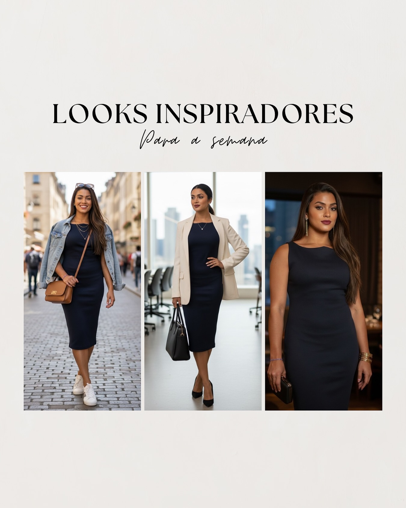 Um vestido, infinitas possibilidades! ✨ Quem disse que um tubinho preto não pode ser a peça mais versátil do seu guarda-roupa? Do casual ao chic, inspire-se nesses looks para arrasar a semana toda!