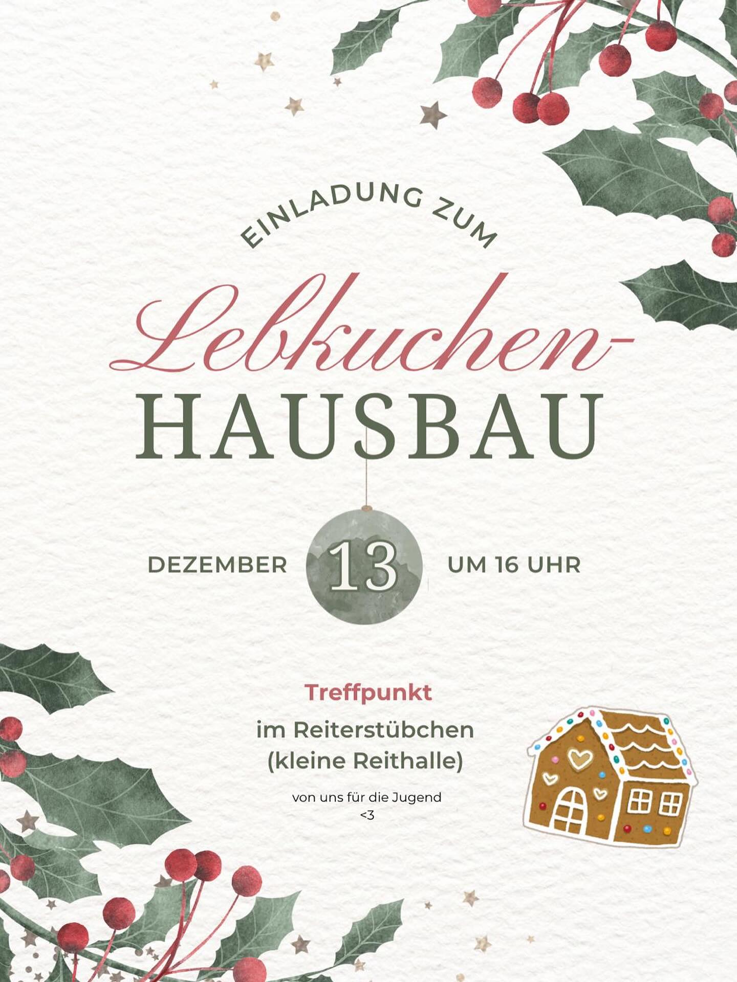 ✨ Vorweihnachtliches Event für unsere Vereinsjugend ✨
Wir laden euch herzlich zu einem gemütlichen Lebkuchenhaus-Nachmittag ein!
📅 am 13. Dezember
⏰ ab 16 Uhr
🎄 gemeinsam bauen, naschen, lachen - wir freuen uns auf eine kreative und fröhliche Zeit mit euch!
Um entsprechend einkaufen zu können, bitten wir um eine verbindliche Anmeldung an Nele (0176 32120422)
Kommt vorbei und bringt eure Weihnachtsstimmung mit! 🤎🎄🏠
Wir freuen uns auf euch! Nele & Annika