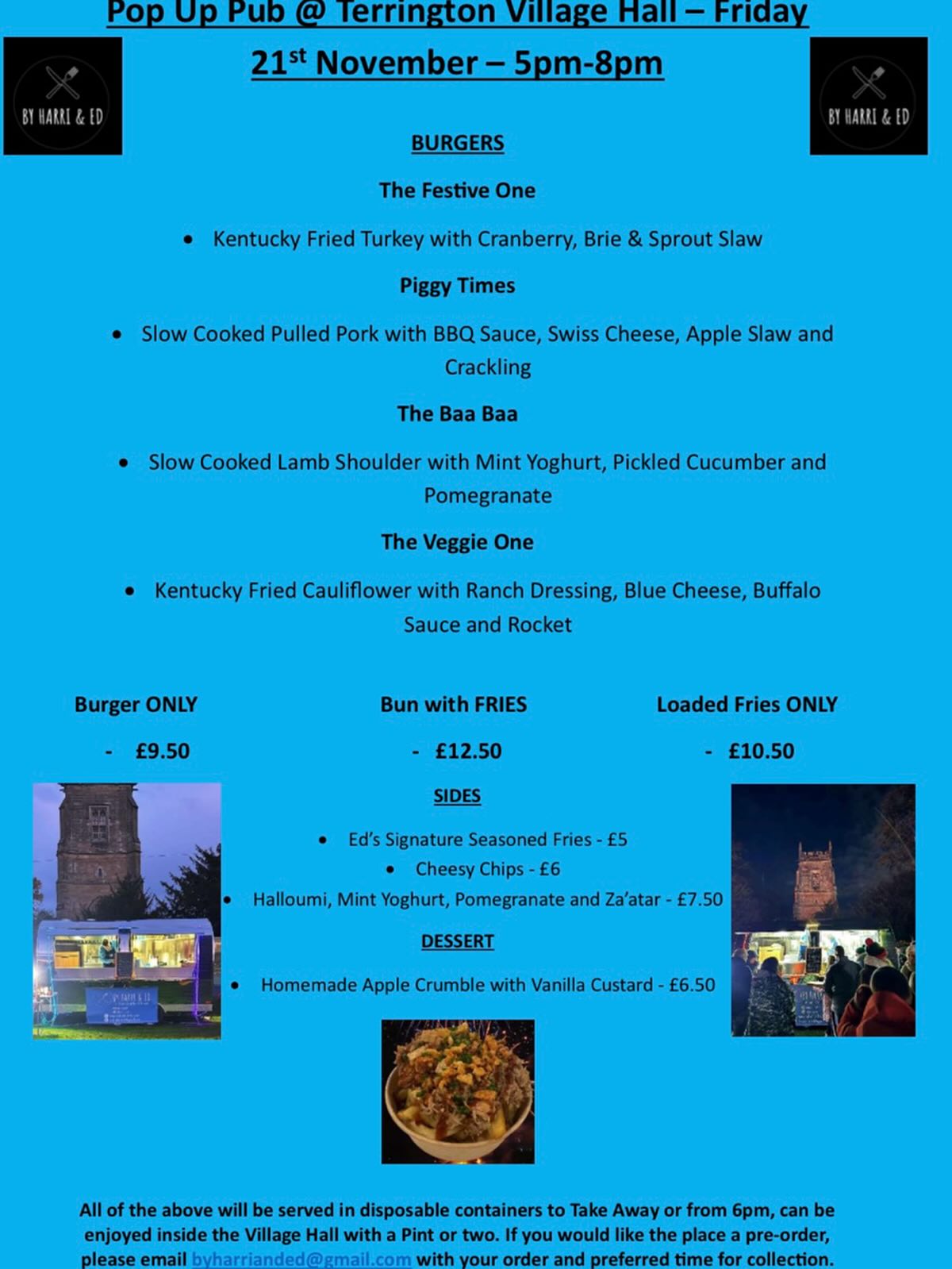 Do you want the good news or the bad news?
Unfortunately we will NOT be @sheriffhuttonvillagemarket this Sunday due to prior commitments. We will however be back for the December market on Sunday 14th.
We will be at Terrington Village Hall’s Pop Up Pub Evening NEXT Friday 21st November in our shiny new truck! We will be there from 5pm, pub open from 6pm and food will be available to order on the evening until 8pm or you can pre-order via byharrianded@gmail.com. All food will be served in disposables therefore suitable to take away to enjoy in the comfort of your own home or get yourselves into the village hall and enjoy with a tipple or two.
We have also launched our final delivery menu for the beginning on December - keep your eyes peeled or those on our mailing list, check your inboxes as you have a headstart on getting those orders in!
#food #chef #streetfood #deliveroo #popup #pub #eventcatering #event #caterer #catering #terrington #ryedale #supportsmallbusiness #foodie #dessert #burger #chef #loadedfries