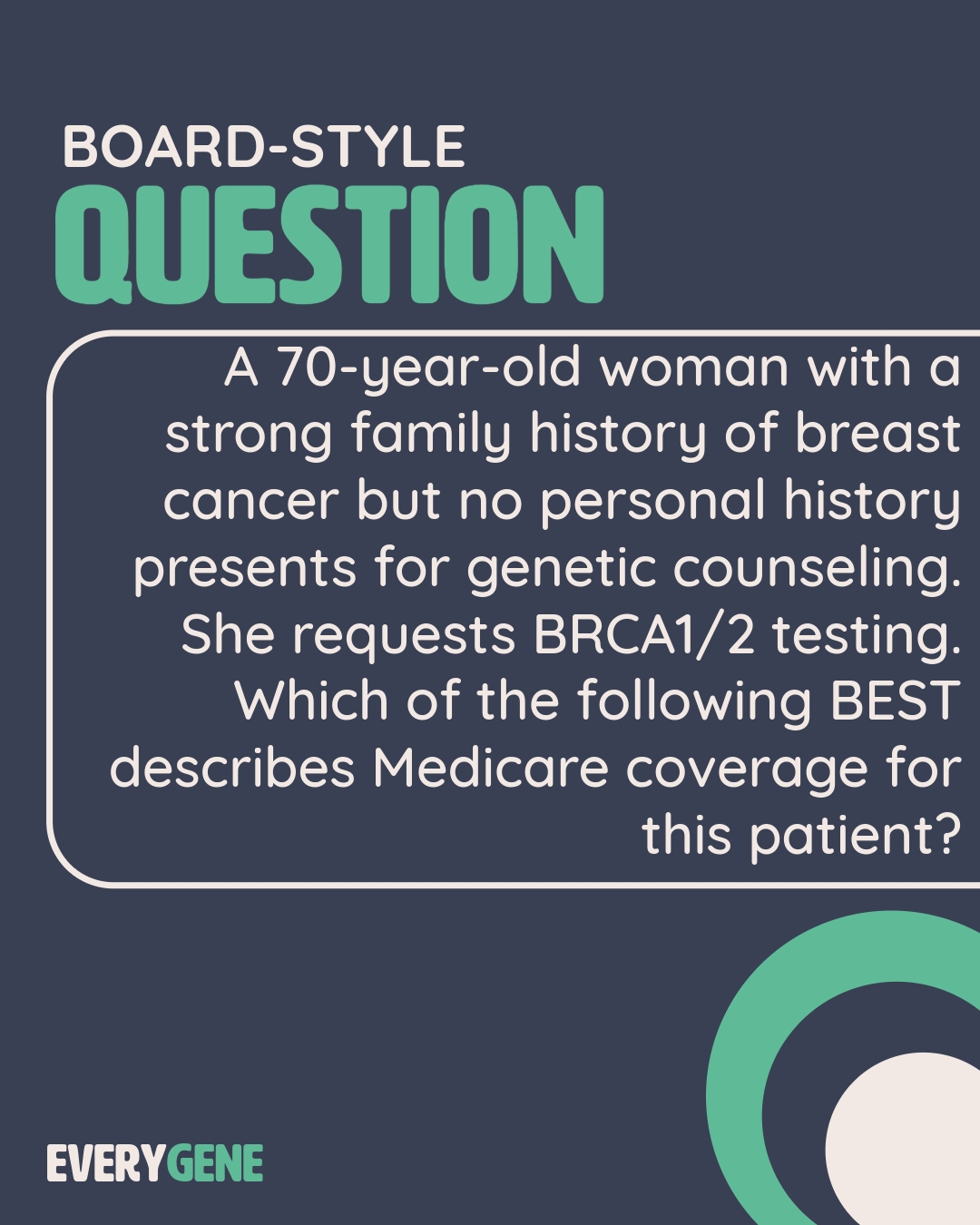 A tough medicare coverage question for you. Please like and share if you like this post or this account!
#everygene #CGC #geneticcounselor #boardquestion