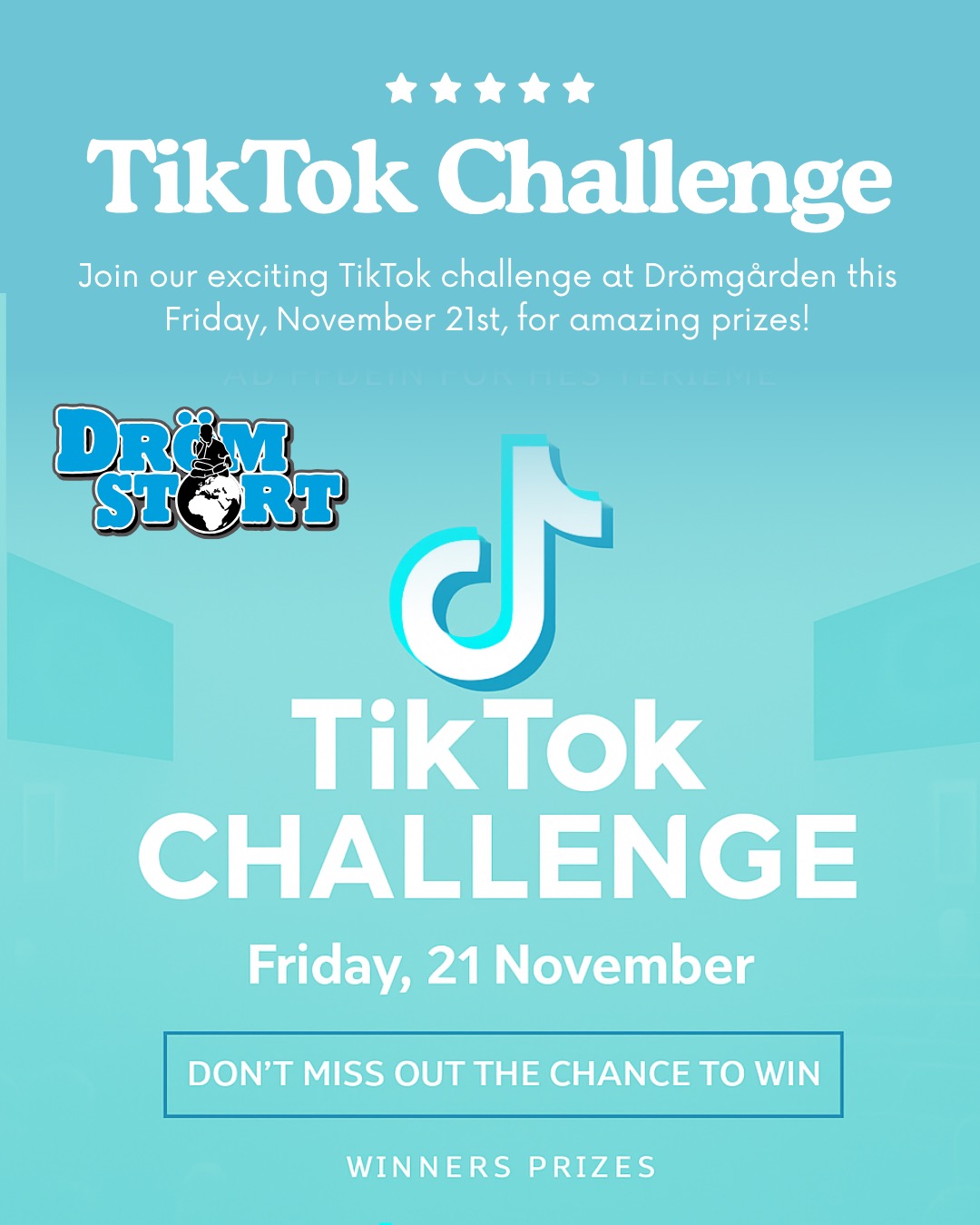 🎬✨ TikTok Challenge med Drömstort! ✨🎬
Fredag 21 november kl. 18:00 på Drömgården är det dags för nästa stora utmaning – Blind Jump Challenge! 😎
Hoppa med ögonbindel från ruta till ruta och undvik rutorna med kors! ❌ Den som landar fel är ute. 🚫
Allt filmas och läggs upp på TikTok – den som vill vara anonym kan bära mask. 😷
🏆 Vinnaren får ett fantastiskt pris!
📍 Plats: Drömgården
🕕 Tid: 18:00
Ta med vännerna, våga testa och bli en del av något speciellt. ✨
#Drömstort #BlindJumpChallenge #TikTokChallenge #Drömgården #Gemenskap #Action #Kul #Spänning