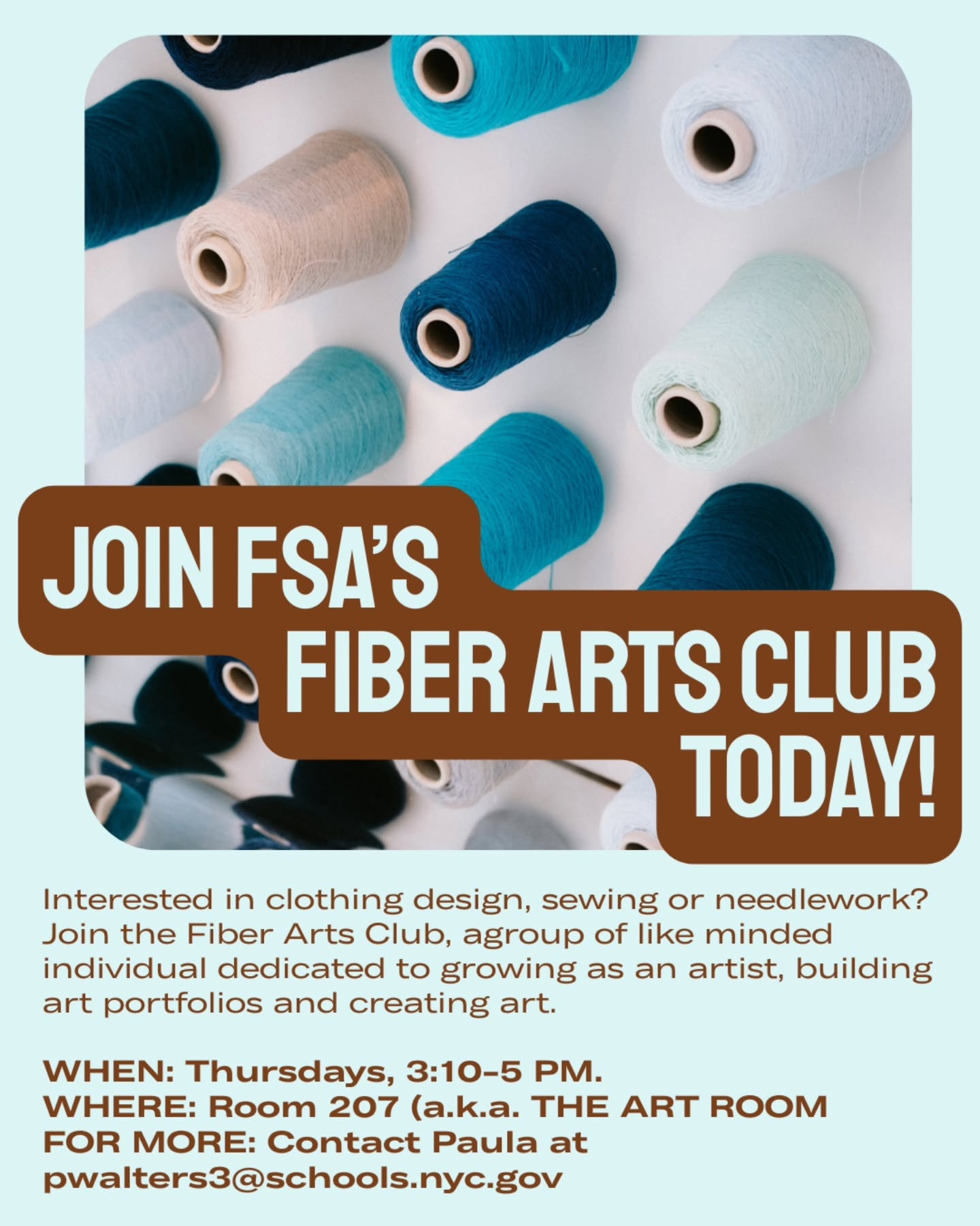 Hey Forsyth! We have 2 Art Clubs that meet afterschool. The Fiber Arts Club meets on Thursdays after school for those interested in clothing design, sewing, and needlework. On Tuesdays and Wednesdays afterschool the Art & Portfolio club meets, for all students that are interested in growing as artist. Please see Paula in the art room for more details and to sign up.
#art #artclubs #highschool #schoolisfun #forsyth #fsa #forsythsatelliteacademy #transferhighschool #transferschools #consortiumschools #nychighschools #nyctransferschools #experientiallearning #fiberarts #artandportfolio