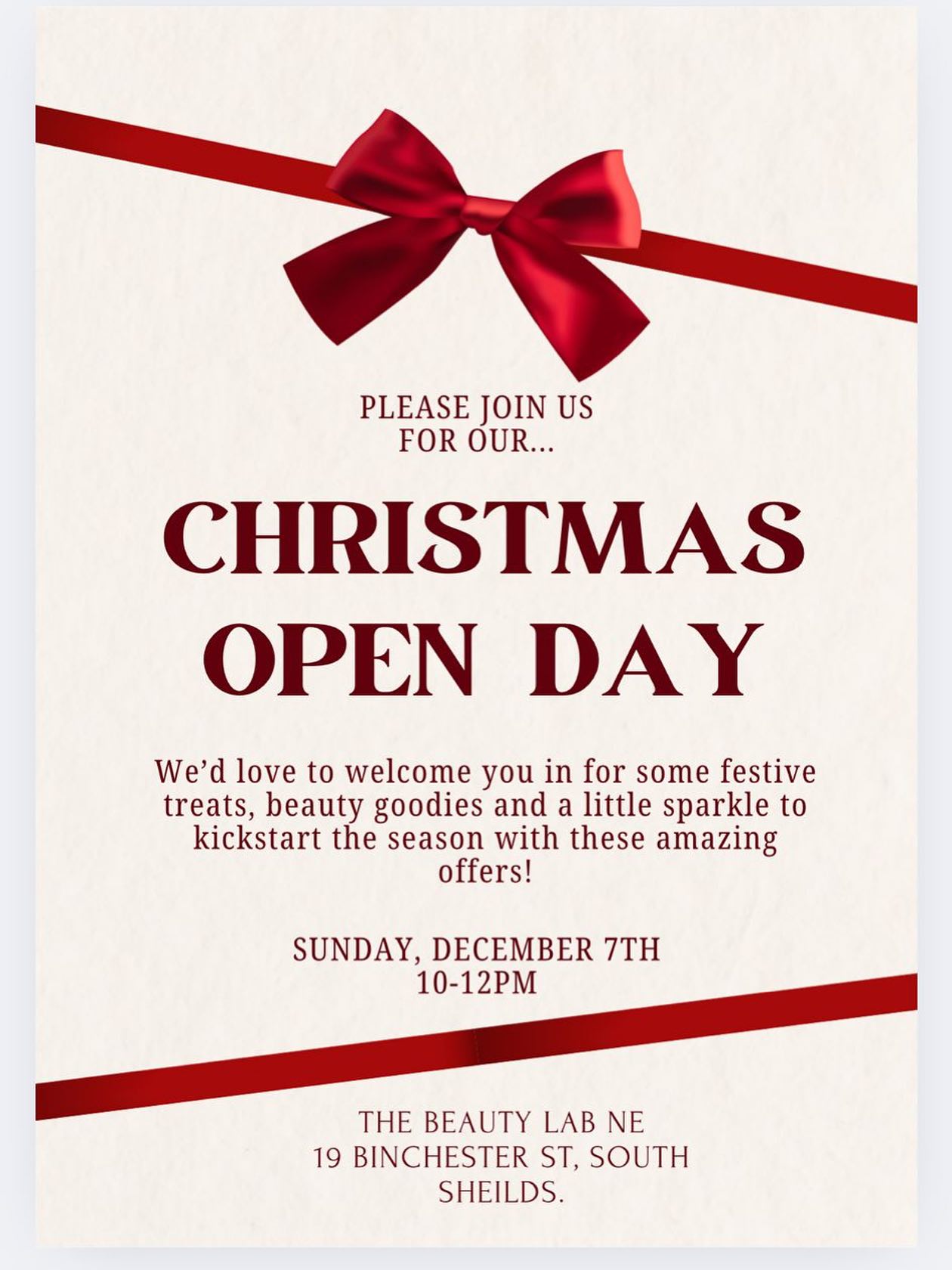 🎄✨ YOU ASKED… WE DELIVERED! ✨🎄
Christmas Open Day at The Beauty Lab North East
📅 Sunday 7th December
⏰ 10am – 2pm
📍 19 Binchester Street, South Shields, NE34 9AR
Kick off the festive season with us at The Beauty Lab North East — it’s going to be a full-on glow-up morning! 💖✨
✨ What’s waiting for you:
🎁 Exclusive December & January treatment deals
💝 Special client-only offers
💸 Discounts on gift cards & vouchers — perfect for Christmas gifting!
🎉 Raffle entry with a luxury prize hamper
🥂 Mimosas on arrival + festive breakfast treats
💬 Free consultations on the day
👯♀️ Meet our beautiful team & explore the clinic!
Whether you’re treating yourself or grabbing the perfect gift for someone you love, we’ve got something for everyone. Come join us and feel the festive magic! 🌟
#TheBeautyLabNorthEast #SouthShieldsBeauty #ChristmasOpenDay #AestheticsClinic #SkinSpecialist #FestiveEvent #BeautyDeals #GlowUpSeason #GiftVouchers #BeautyGiftCards #NorthEastAesthetics #DecemberOffers #BeautyEvent #SupportLocalBusiness #christmasinsouthshields