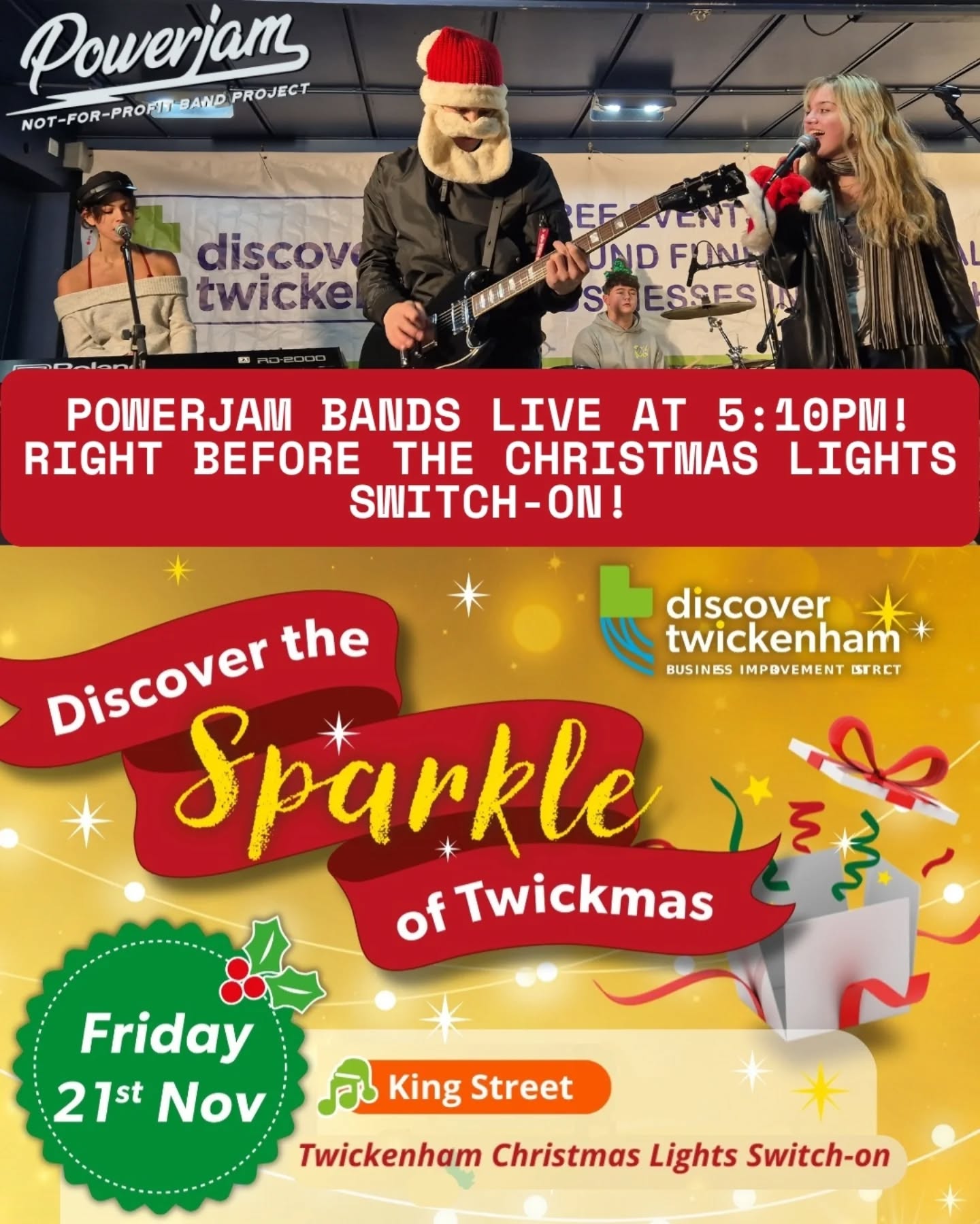 Don't miss Powerjam bands this Friday Nov 21st 5:10pm on the King Street stage featuring 'MadTalk' + 2 newly formed Powerjam bands all performing just before the Christmas lights get switched on by the mayor! With live RIverside Radio broadcast, this @discovertwickenham event is gonna rock!!! @thisisriverside
#powerjam #powerjambands #notforprofit #youthmusic
#notforprofitmusicschool #rockschool #Twickenham #twickenhamcommunity #discovertwickenham #christmasevent #richmondcouncil