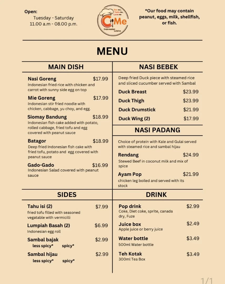 This is ours Indonesian Cuisine take out Restaurant's menu