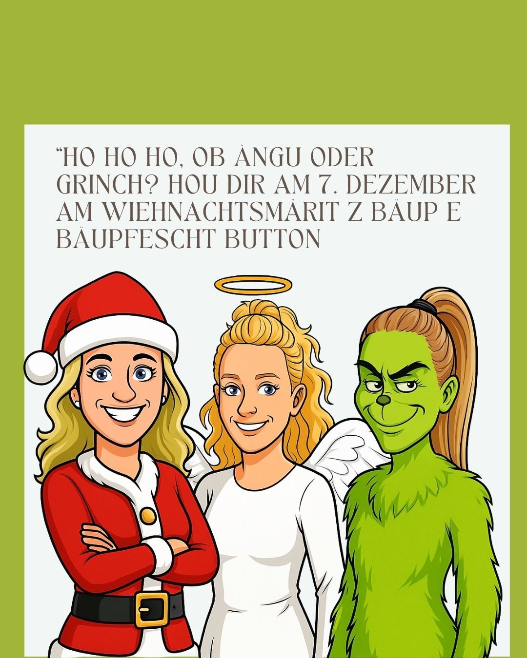 Unterstütz ds Dorf und chouf e Button für üses Bäupfescht. Mir wüsse, aui wünsche sich meh Läbe im Dorf…
Drum setz es Zeiche und chouf für Fr. 7.- e nummerierte Button, wo du e attraktive Pris chasch gwinne.
#belpfest2026 #christmastime #button #santa #engel #grinch