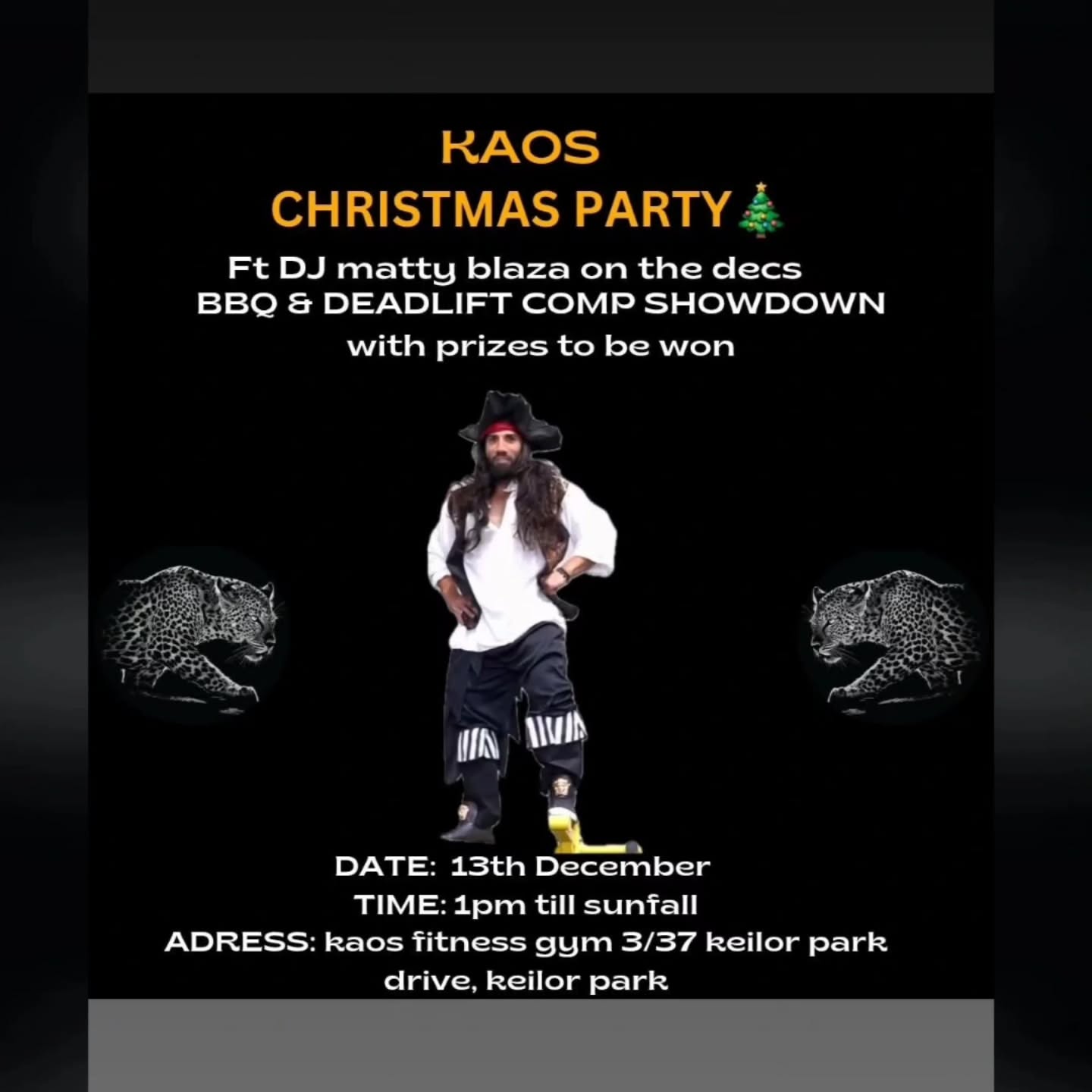 Kaos Christmas Party — dec 🎅🐆
We lift heavy… then we celebrate harder.
See you there for good vibes, good people, and Christmas kaos.
#bringthekaos