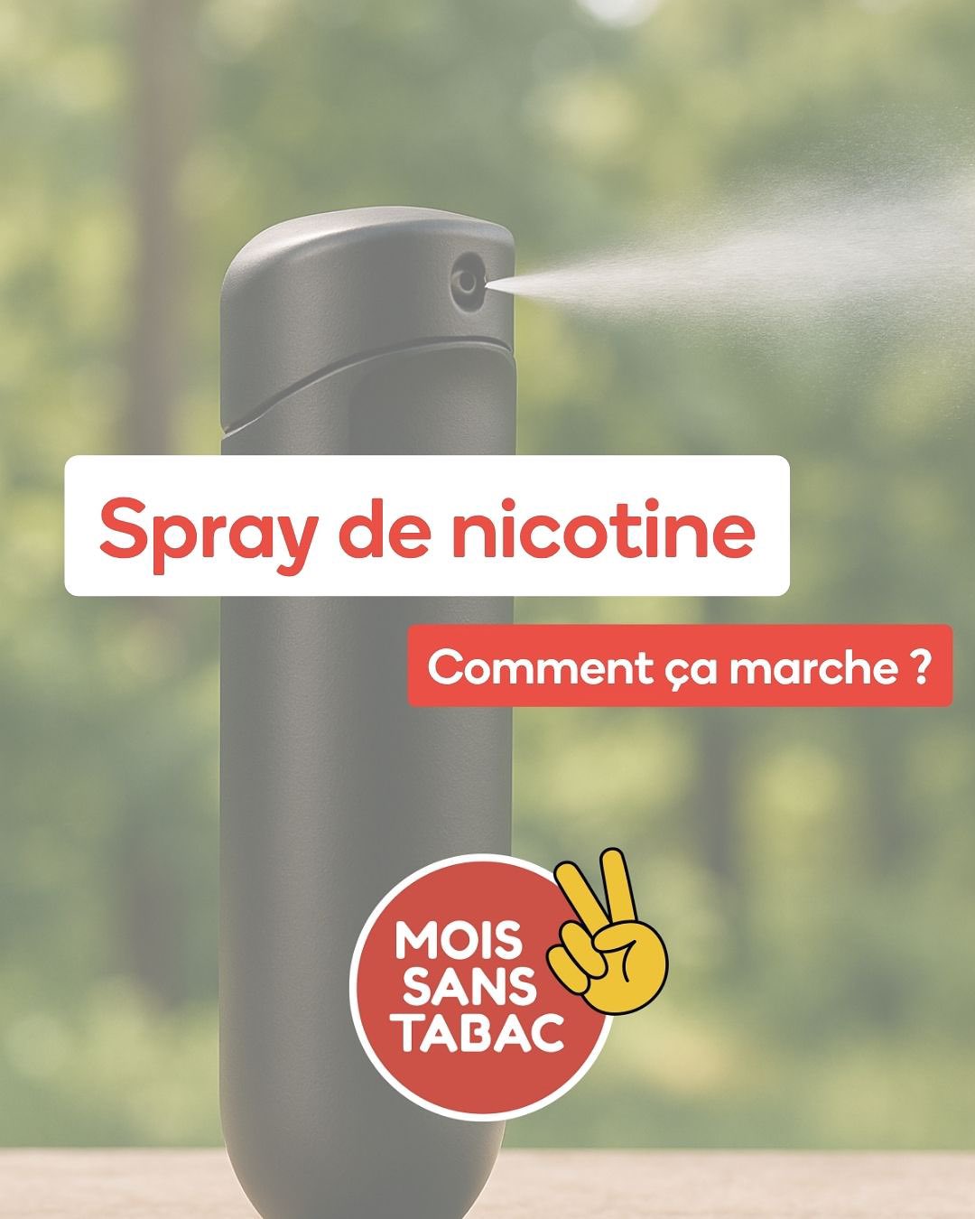 Le spray buccal à la nicotine - Comment ça marche ?
Il permet de pallier efficacement les symptômes de sevrage grâce à une absorption très rapide de la nicotine (dès 30 secondes) à travers la muqueuse buccale.
Il peut être intéressant de l’associer avec la prise de patchs.
Le spray peut être prescrit par les professionnels de santé (médecin, infirmier, sage-femme, dentiste, kinésithérapeute) et remboursé.
#moissanstabac #motivation #spray #substitutsnicotiniques