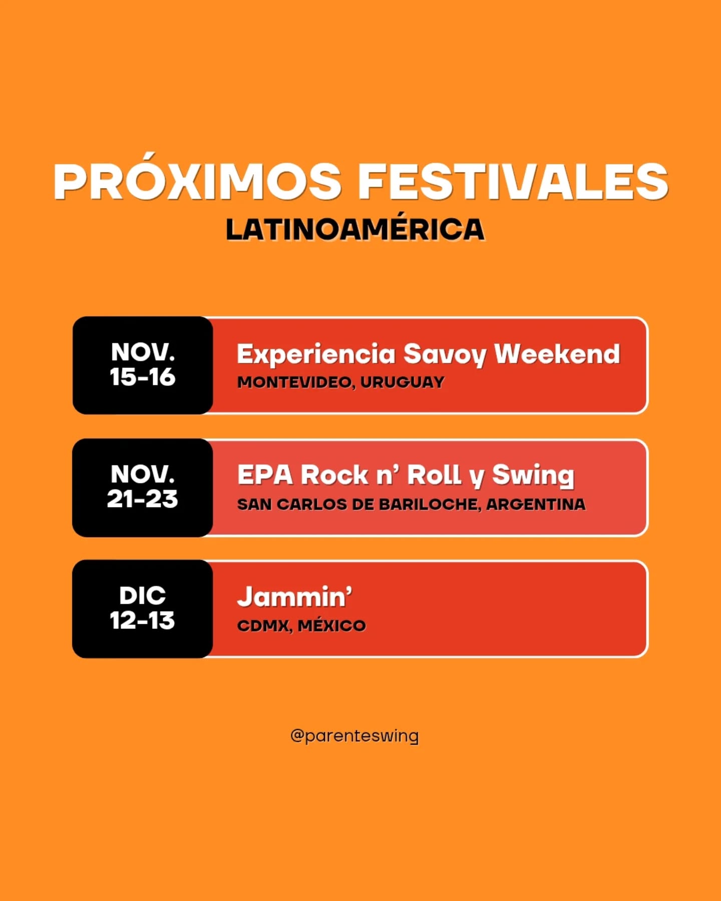 ✨️Calendario Actualizado✨️
❤️🔥Estos son los festivales que se vienen hasta fin de año en Latinoamérica 🌎🎶
🔥 @swing_by_mvd
🔥 @epa.rockyswing
🔥 @the_swing_spirits
Síguelos, comparte y nos vemos bailando en las pistas de LATAM! 🌟
#swingdance #swingdancing #lindyhop #lindyhopperslife #lindyhopdance #swingdancelatam #lindyhoplatinamerica #swingdancefestival #swingdancefest #lindyhopfestival