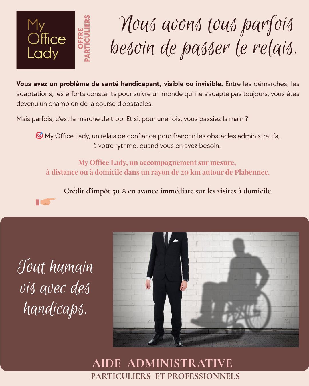 Une séance avec "My Office Lady" est comme un cadeau que vous vous offrez, quand vous en avez besoin, en complément de vos démarches personnelles ou de celles d'organismes existants.
#aideadministrative #handicap#autonomie#finistère