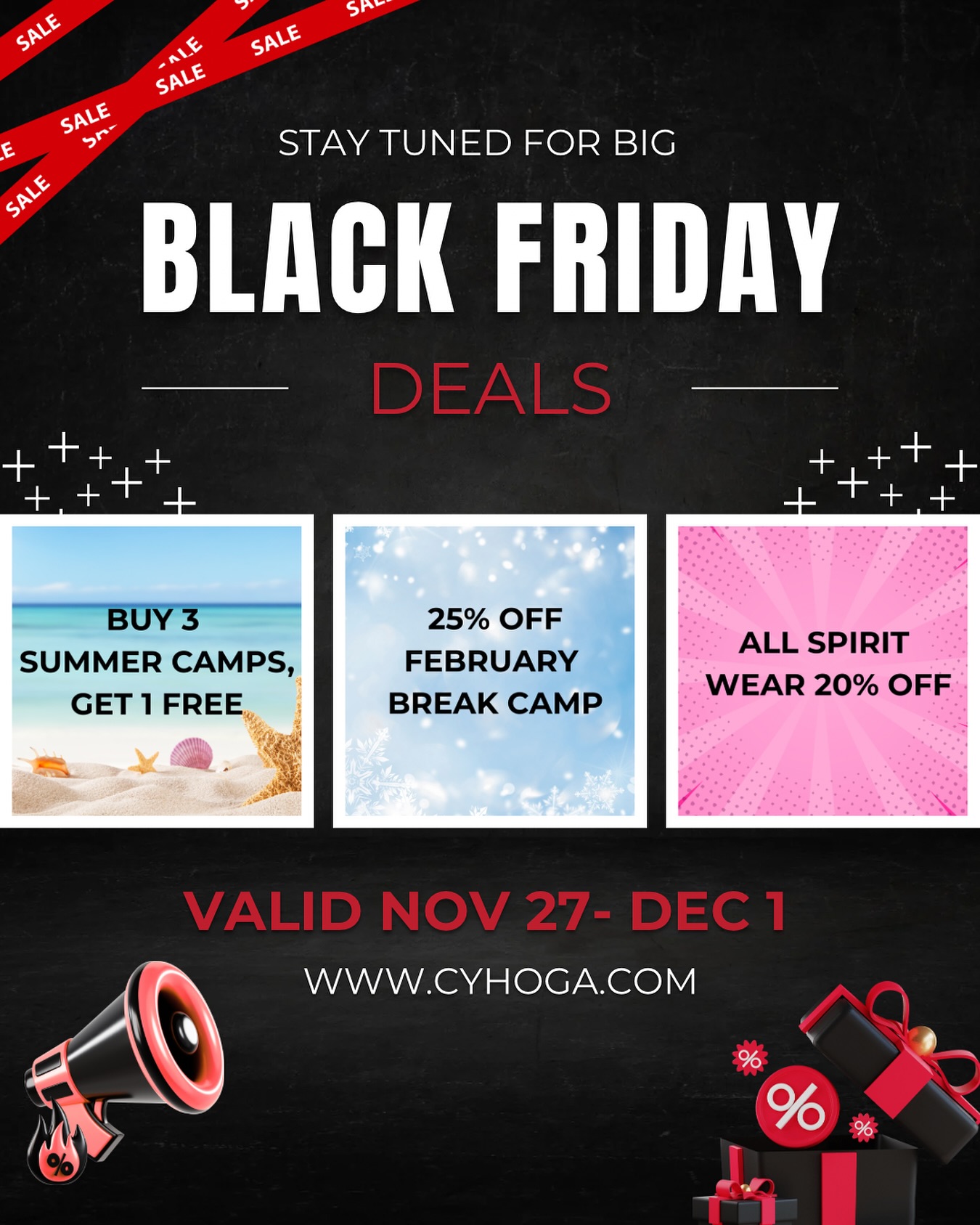 It’s almost time! 🔥
Black Friday at CYHO kicks off in THIS WEEK with huge savings on camps + spirit wear.
Set your reminders — these deals only last Nov 27–Dec 1! www.cyhoga.com