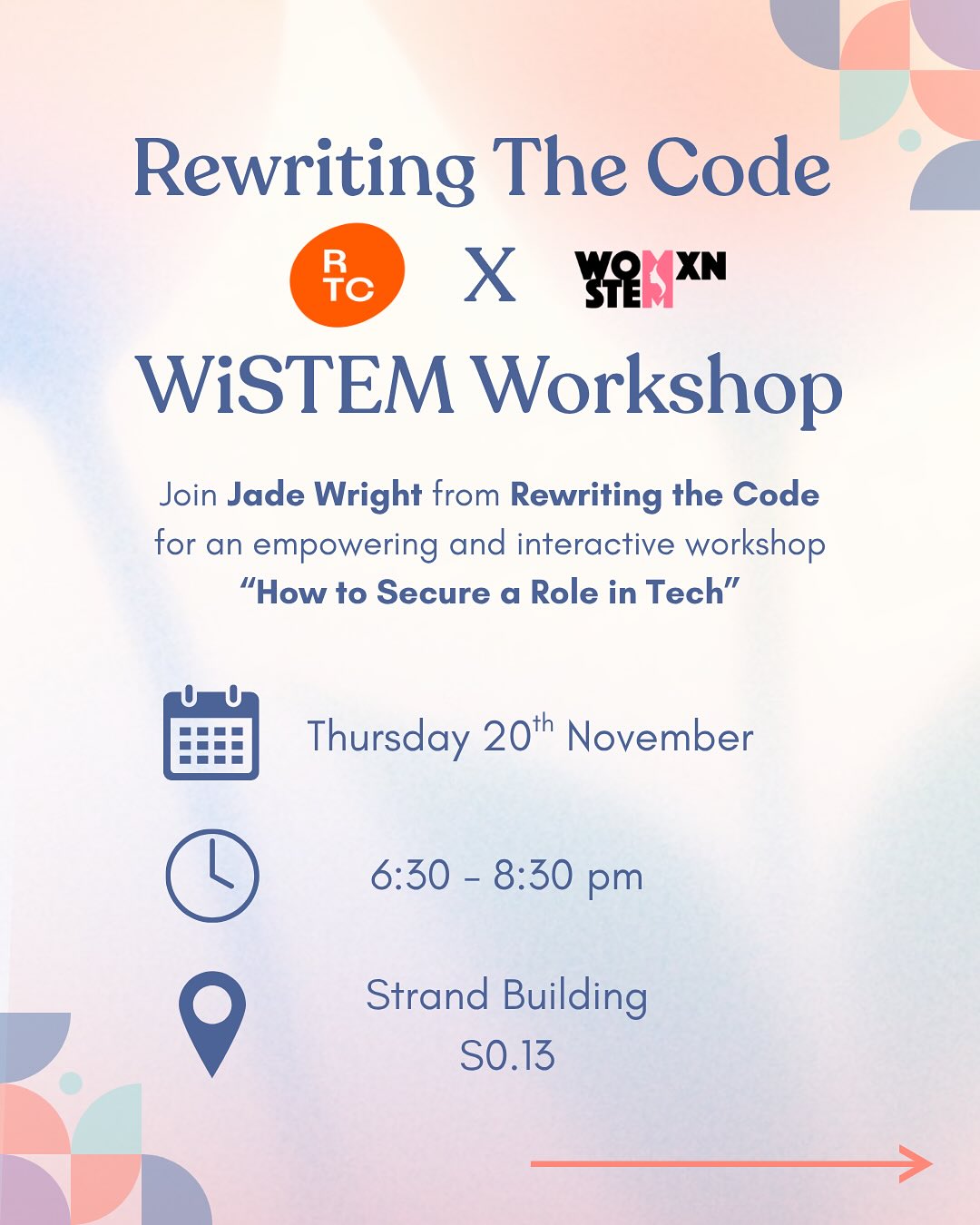 Weāre thrilled to welcome Rewriting the Code ā a global community of over 40,000 women in tech ā for a hands-on workshop right here on campus šš»
This session will guide you through the essentials of securing a role in tech, from understanding job descriptions to crafting a compelling CV and building confidence in your applications š”
With personalised CV feedback offered on the spot šāØ youāll leave with clearer direction, stronger materials, and a better sense of how to stand out in todayās tech landscape.
If youāre ready to take your next big step toward a tech career, this event is for you. Sign up using the QR code or the link in our linktreeš
