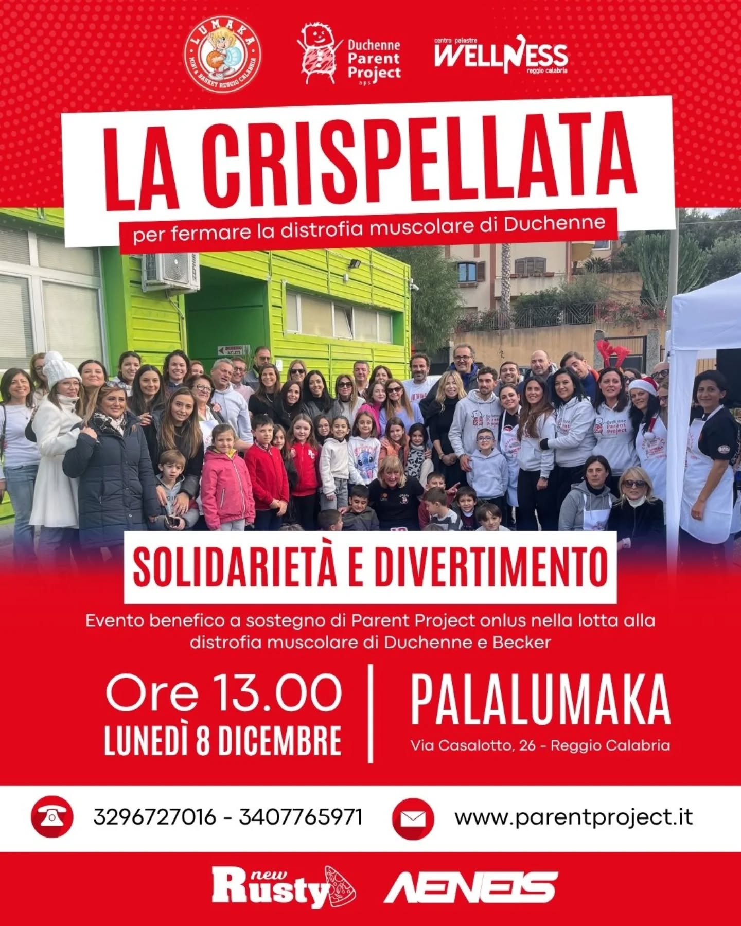 La Crispellata non è solo una tradizione: è un gesto d’amore. ❤️
Lunedì 8 dicembre, ore 13.00, al Palalumaka ci ritroviamo per un evento speciale dedicato alla lotta contro la distrofia muscolare di Duchenne e Becker.
🎗️ Solidarietà, comunità, divertimento.
Insieme possiamo fare la differenza.
Vi aspettiamo. 🤝✨
Info: Parent Project + Lumaka + Wellness Reggio Calabria