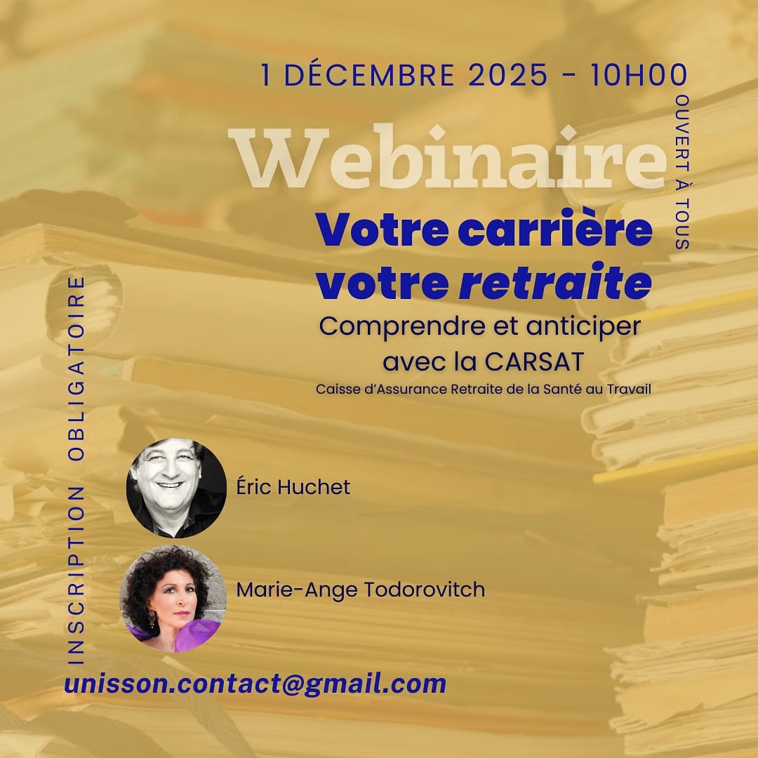 📑 Le troisième Webinaire de la saison sera sur le thème de la retraite avec @erichuchet @marieange_todorovitch et la Carsat !
Préparer sa retraite est un enjeu essentiel pour les artistes lyriques, dont les carrières sont souvent irrégulières et jalonnées de contrats variés. Cette rencontre avec la CARSAT (Caisse d’Assurance Retraite et de la Santé au Travail) propose de clarifier les démarches, d’expliquer les droits spécifiques aux artistes et d’offrir des repères concrets pour anticiper sereinement l’avenir.
Un temps d’échange pour mieux comprendre, mieux prévoir et aborder la suite de sa carrière artistique en toute confiance.
📆 1er décembre à 10:00
📩 Inscription obligatoire à unisson.contact@gmail.com
🙋 Ouvert à tous.tes
📍 En ligne : Sur Team-microsoft, la plate-forme de la Carsat
Une matinée à ne pas manquer pour toutes les tranches d’âges et pour toutes les carrières !
#webinaire #unisson #asso #carrière #retraite #chanteurs #chanteuses #viedartiste #intermittents #carsat