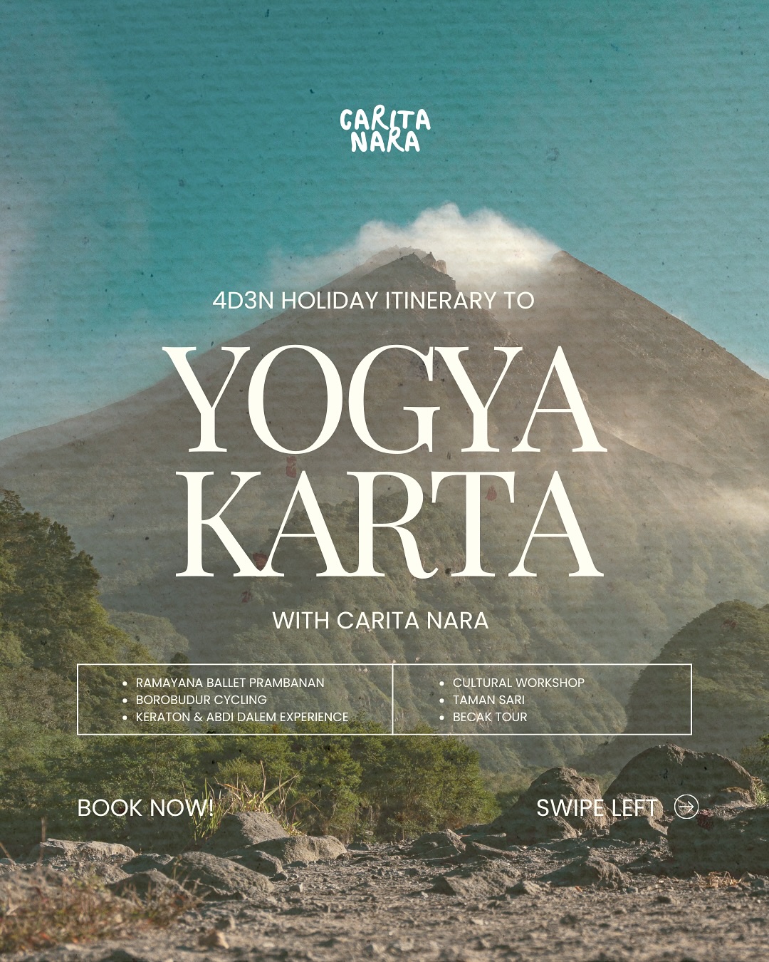 4 Days in Yogyakarta: Your Year-End Escape Starts Here
Looking for a meaningful way to wrap up your year? Our 4D3N Yogyakarta itinerary brings you a refreshing mix of culture, nature, and slow travel moments — perfect for a year-end reset.
From cycling through Borobudur’s countryside, joining hands-on cultural workshops, meeting the Abdi Dalem at Keraton, to unwinding in Yogyakarta’s most charming neighborhoods, every day is designed to feel warm, authentic, and memorable.
Swipe through the carousel to see how your year-end getaway could look.
If you’re in the mood for a different vibe, we also have curated trips to Bromo, Lombok, and Lasem.
DM us to plan your holiday with Carita Nara!
#Yogyakarta #YogyakartaTrip #JogjaItinerary #YogyakartaTour #ExploreYogya #VisitIndonesia #IndonesiaTravel #WonderfulIndonesia #CultureTrip #Borobudur #TamanSari #KeratonJogja #TravelIndonesia #CaritaNara #JogjaVacation #JogjaHoliday #TravelWithUs #IndonesianCulture #CyclingTour #BecakTour #HolidayPackage #ExploreIndonesia #YearEndTrip #YearEndHoliday #IndonesiaGetaway