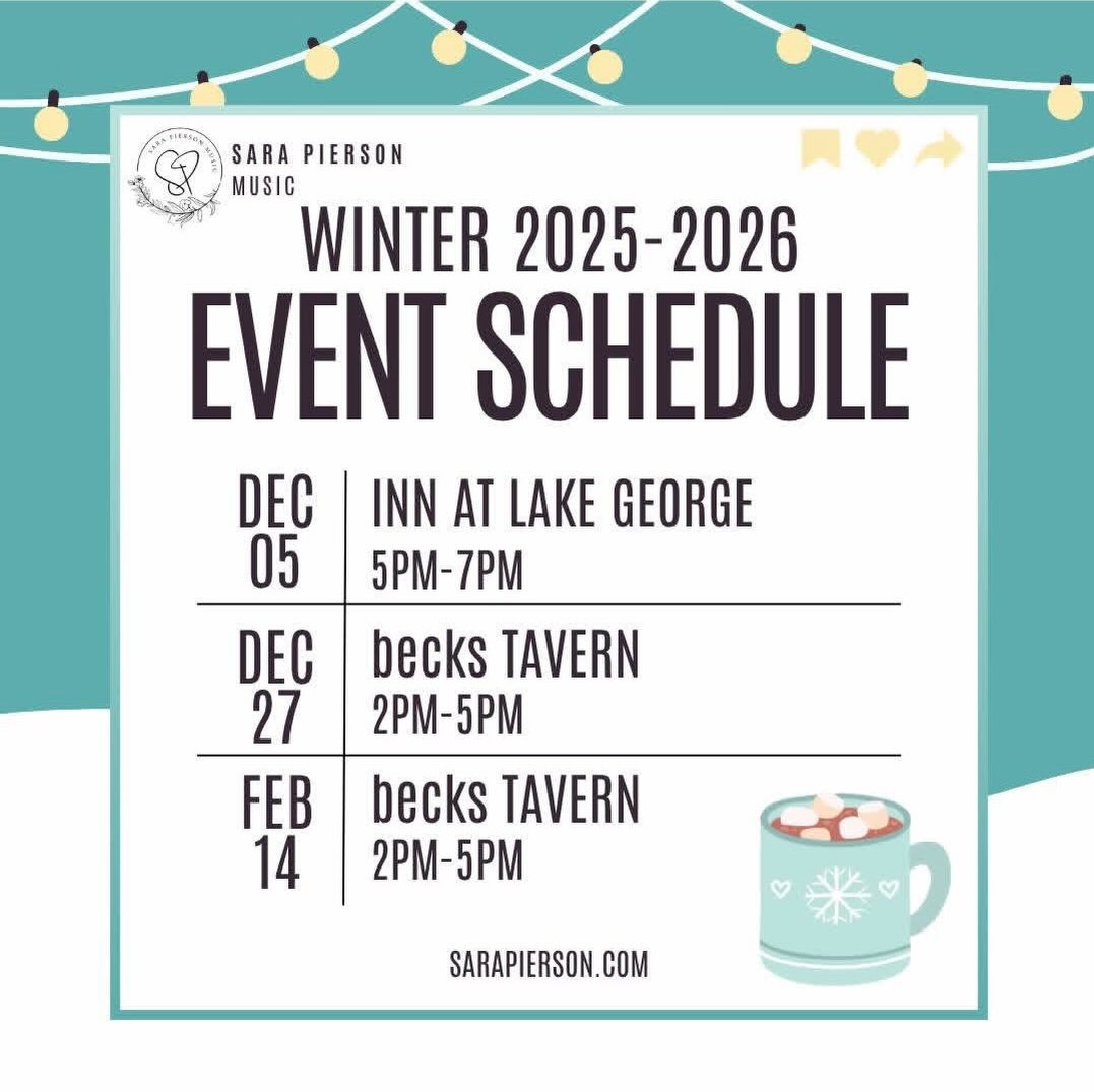Winter 2025–2026 Event Schedule!
Cozy season is here, and I’ve got a few winter shows lined up to keep things warm. I’m excited to be back at one of my favorite spots and a brand new location! Looking forward to sharing some music through the holidays and into the new year.
Dec 05 – Inn at Lake George | 5–7PM
Dec 27 – becks TAVERN | 2–5PM
Feb 14 – becks TAVERN | 2–5PM
More shows are being added all the time, so keep an eye out for updates!
Check out the full schedule (and any new gigs!) Link in bio
Grab a hot drink, bring some friends, and come spend a winter afternoon/evening with me!