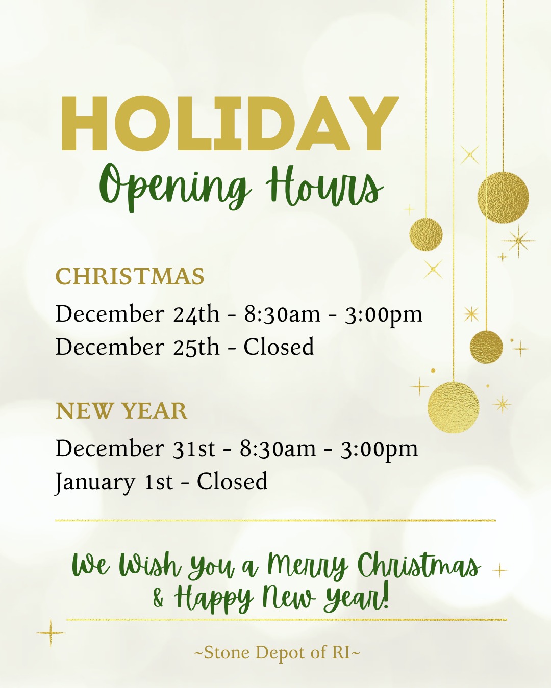 ✨Wishing all of our clients, friends, & employees a Happy Holiday season and a prosperous New Year! Thank you for another amazing year-we truly appreciate your continued support✨
As you plan your projects, please note our holiday hours below 🎄
📍940 Wellington Ave, Cranston, RI 02910
☎️401-780-9639
🌐www.stonedepotofri.com
#kitchencountertops #bathcountertops #countertopremodel #kitchenandbath #stonecountertops #holidayhours #stonefabricator