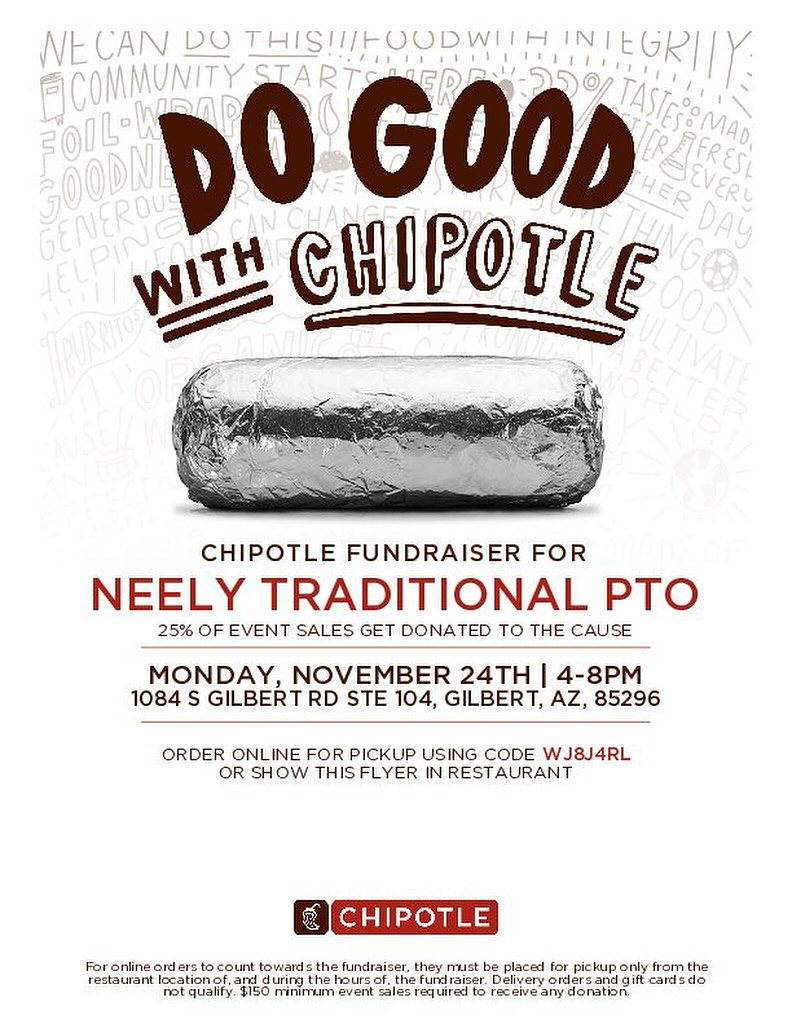 Mark your calendars for Chipotle Night on November 24 from 4-8 PM! Use the code and let’s get some easy dinners before Turkey Day while supporting Neely PTO!