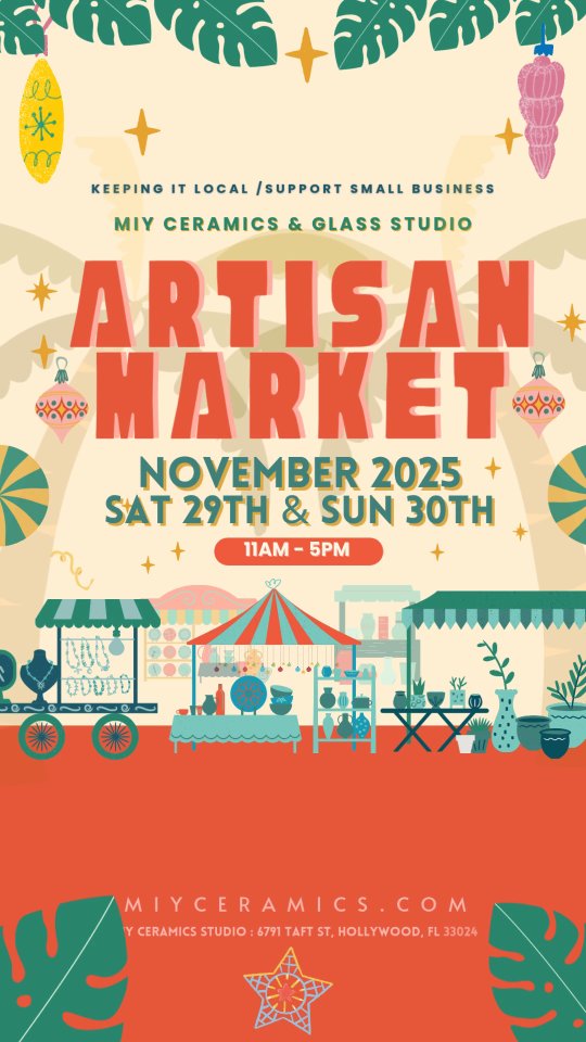 🎁✨ MIY’s 5–50 Holiday Artisan Market! ✨🎁
Shop small, shop local, and sleigh all day with us this holiday season 🏺💚
It’s MIY’s most festive market of the year! A budget-friendly boutique event where every treasure is handmade with love and priced between $5 and $50!
Discover ceramics for every style, taste, and budget — from earthy mugs and sculptural pieces to whimsical ornaments and colorful glass art. 🌈 Plus, our beloved handmade Alpacas are back! Vibrant, handmade creations bringing a splash of color to your holiday shopping!✨
🛍️ This is your chance to support local artists and makers while finding one-of-a-kind gifts you won’t see anywhere else. Whether it’s a treat for yourself or something special for someone you love, you’ll leave with something that makes your heart happy. 💝
📍 MIY Ceramics & Glass Studio
6791 Taft St, Hollywood, FL 33024
📞 (954) 927-7300
🌐 www.miyceramics.com
🗓️ Saturday, Nov. 29 – Outdoor & Indoor Market
🗓️ Sunday, Nov. 30 – Indoor Market
Bring your friends, your family, and your holiday spirit 🎄✨ Let’s celebrate creativity, community, and handmade magic together — because this is one market you don’t want to miss! 💫
#ShopLocal #HolidayMarket #ArtisanMarket #MIYCeramics #HandmadeHoliday #SupportSmallBusiness #HollywoodFL #Ceramics #LocalArt #BudgetFriendly #5to50Market #SleighAllDay #ShopHandmade #MIYHolidayMagic