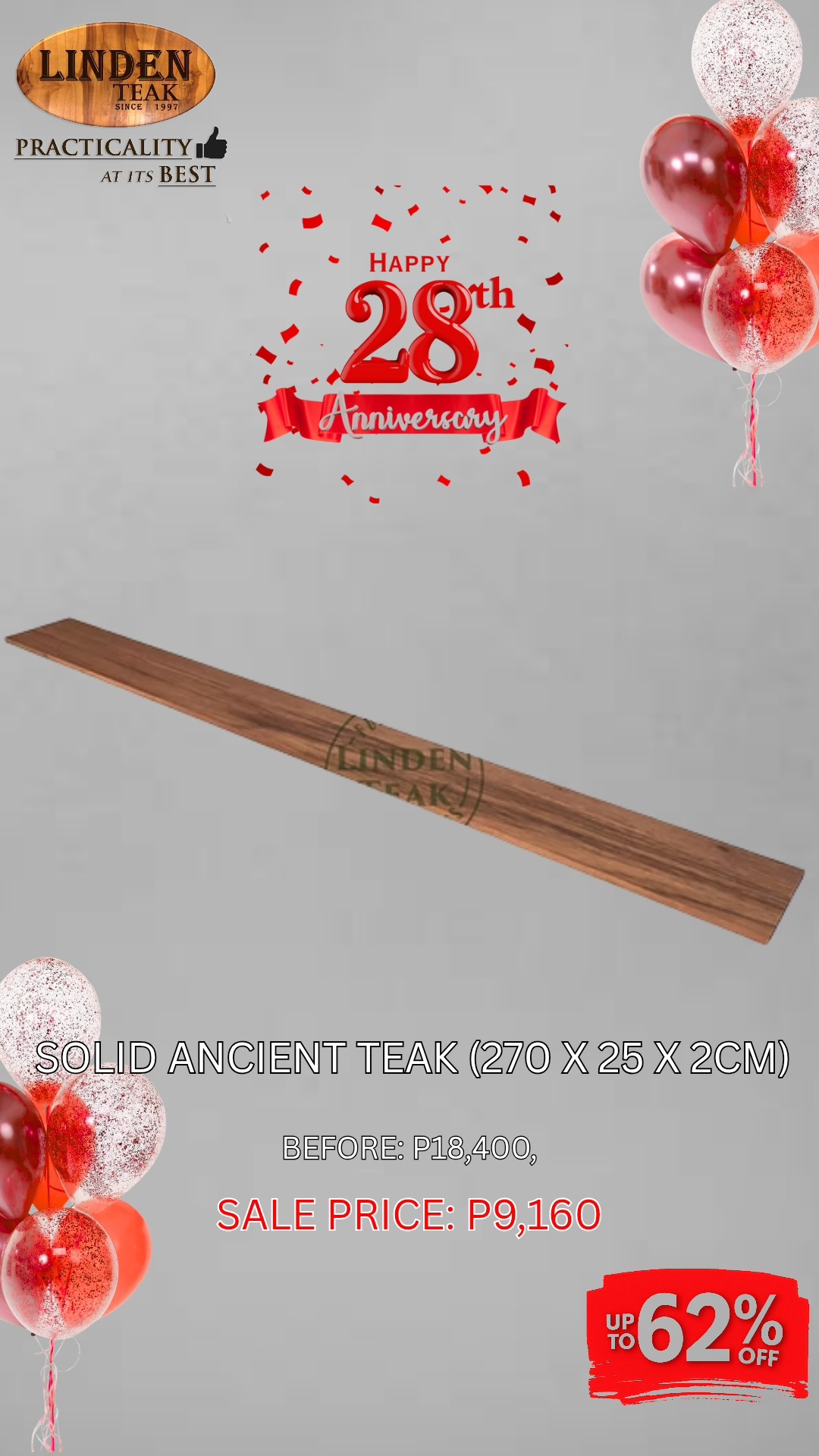 🎉 Celebrating Our 28th Anniversary!
This month only, enjoy up to 62% OFF on select construction products—our biggest savings of the year! Plus, get a free on-site ocular inspection and quotation.
We also offer free design consultations and 3D drawings for customized orders, along with free delivery in select areas.
Visit our stores to explore over 500 actual items on display, or browse online at www.lindenteakfurniture.com.