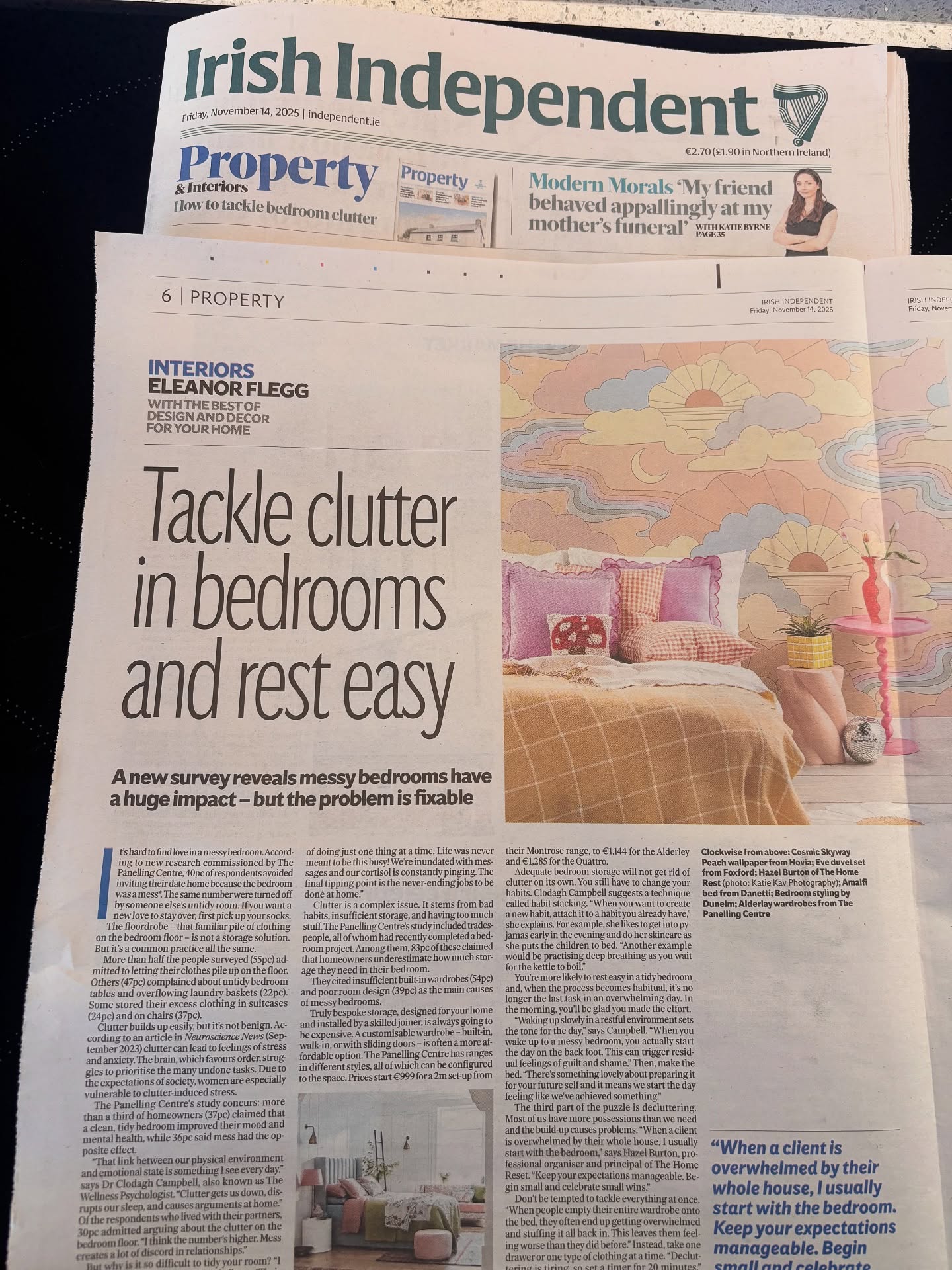 Great to be asked to contribute to an article by @eleanor.flegg in @independent.ie looking into @panellingcentre recent study on the impact of clutter in our bedrooms.
Fantastic insights from @the.wellness.psychologist and beautiful bedroom interiors from @foxfordhome too!
Shout out to the amazing @katiekavbrands for my pics 📸
Let me know if you picked up a copy!
#thehomereset #reset #article #media #clutter #interveiw