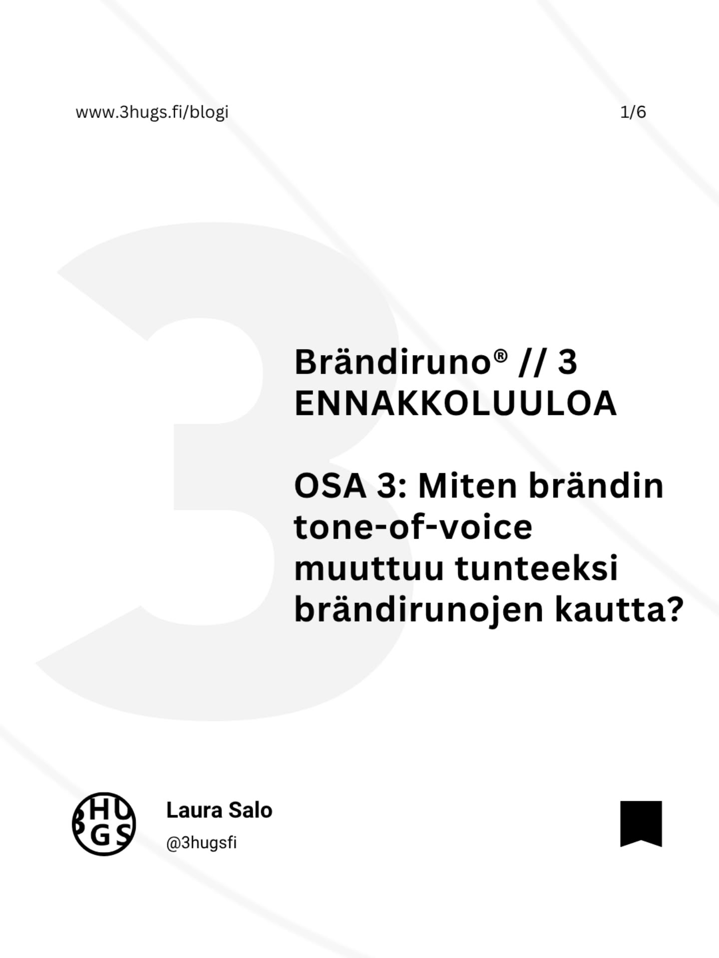 ~ 𝟯𝗛𝗨𝗚𝗦 𝗫 𝗕𝗟𝗢𝗚𝗜 ~
Brändiruno® // 𝟯 𝗘𝗡𝗡𝗔𝗞𝗞𝗢𝗟𝗨𝗨𝗟𝗢𝗔, 𝗢𝗦𝗔 𝟯 ✨️
Brändiruno® - Mikä fresh tuulahdus uutta osaamista ja tunnetta mainosalalle. Mitä brändiruno® taas ei ole?
Tässä 3-osaisessa blogisarjassa käsittelen ennakkokäsityksiä liittyen brändirunoihin. Tässä julkaisussa pureudun siihen, miten brändin tone-of-voice muuttuu tunteeksi brändirunon kautta.
Brändin tone of voice ❤️ Brändiruno®
1 // Kun ääni löytyy, brändisi alkaa elää.
Tone-of-voice määrittelee, miten brändi puhuu. Brändiruno® taas sen, miltä brändi kuulostaa – tunnepitoisesti, tiivistetysti ja merkityksellisesti.
2 \\ Tone-of-voice antaa raamit – Brändiruno® täyttää sanat merkityksellä
Tone-of-voice on ohjeistus, brändiruno® on kokemus.
3 // Sanojen rytmi on tunnepohjaisen viestinnän ydin
Tone-of-voice rakentaa johdonmukaisuuden, brändiruno® muistijäljen.
4 \\ Kun brändin ääni resonoi sydämessä
Tone-of-voice kertoo brändin tyylistä, brändiruno® sen syvimmästä merkityksestä, joka pohjaa niin ikään brändin strategiseen ja luovaan ytimeen.
.
.
" Brändiruno® on brändin äänen eli tone of voicen luonnollinen jatke — sen tunnepohjainen kiteytys.
Runomuodossa sanat alkavat soida.
Ne eivät vain välitä informaatiota, vaan herättävät muiston, kuvan tai oivalluksen. "
.
👉🏼 Jatka lukemista täältä:
𝘄𝘄𝘄.𝟯𝗵𝘂𝗴𝘀.𝗳𝗶/𝗯𝗹𝗼𝗴𝗶
.
.
3HUGS.FI ~ ME LUOMME 𝑇𝐴𝑅𝐼𝑁𝑂𝐼𝑇𝐴, jotka puhuttavat ℎ𝑢𝑜𝑚𝑒𝑛𝑛𝑎.
.
#3hugs #3hugsfi #3hugsmarketing #3hugsbranding#brändi #brändiruno #brändiarvo #tarina #yritystarina #mainonta #konsepti #konseptointi #brändiviestintä #tarinallistaminen #asiakaskokemus #cx #markkinointiviestintä #strategianytimessä