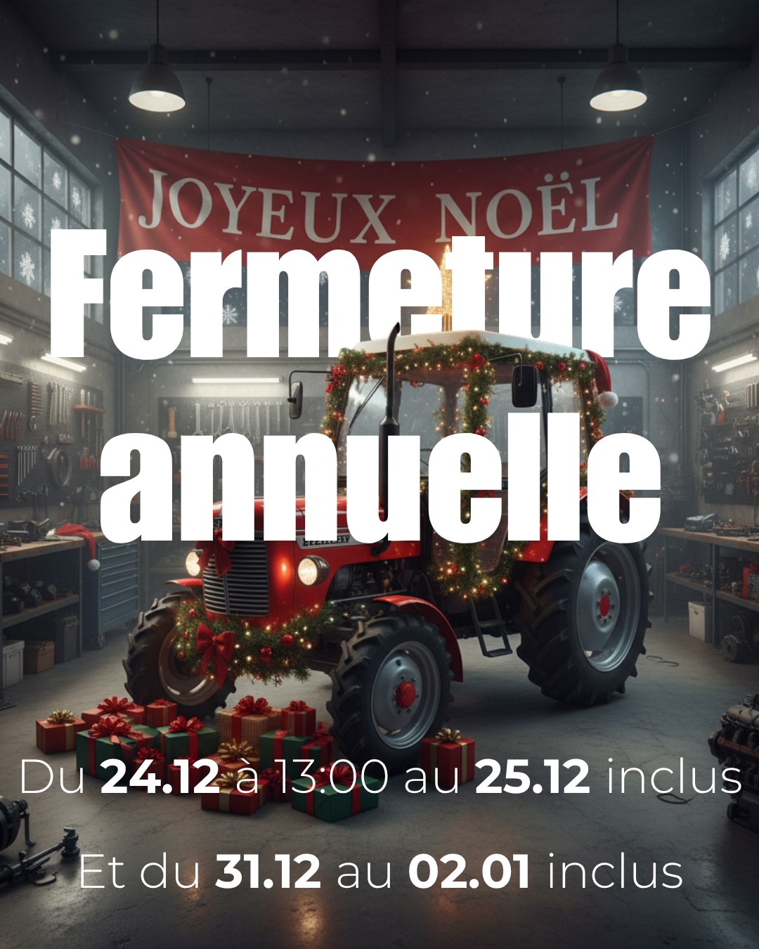 Nos enseignes seront fermées pour les fêtes ! 🎅
- Les magasins et dépôts du 24.12 à 13:00 au 25.12 inclus et du 31.12 au 02.01 inclus.
- Les ateliers du 24.12 à 12:00 au 02.01 inclus.
- Les silos du 19.12 à 17:00 au 04.12 inclus.
- La station service de Veryrier du 24.12 à 13:30 au 25.12 inclus et du 30.12 à 17:00 au 02.01 inclus.
Toute l'équipe vous souhaite un joyeux Noël ! 🎄