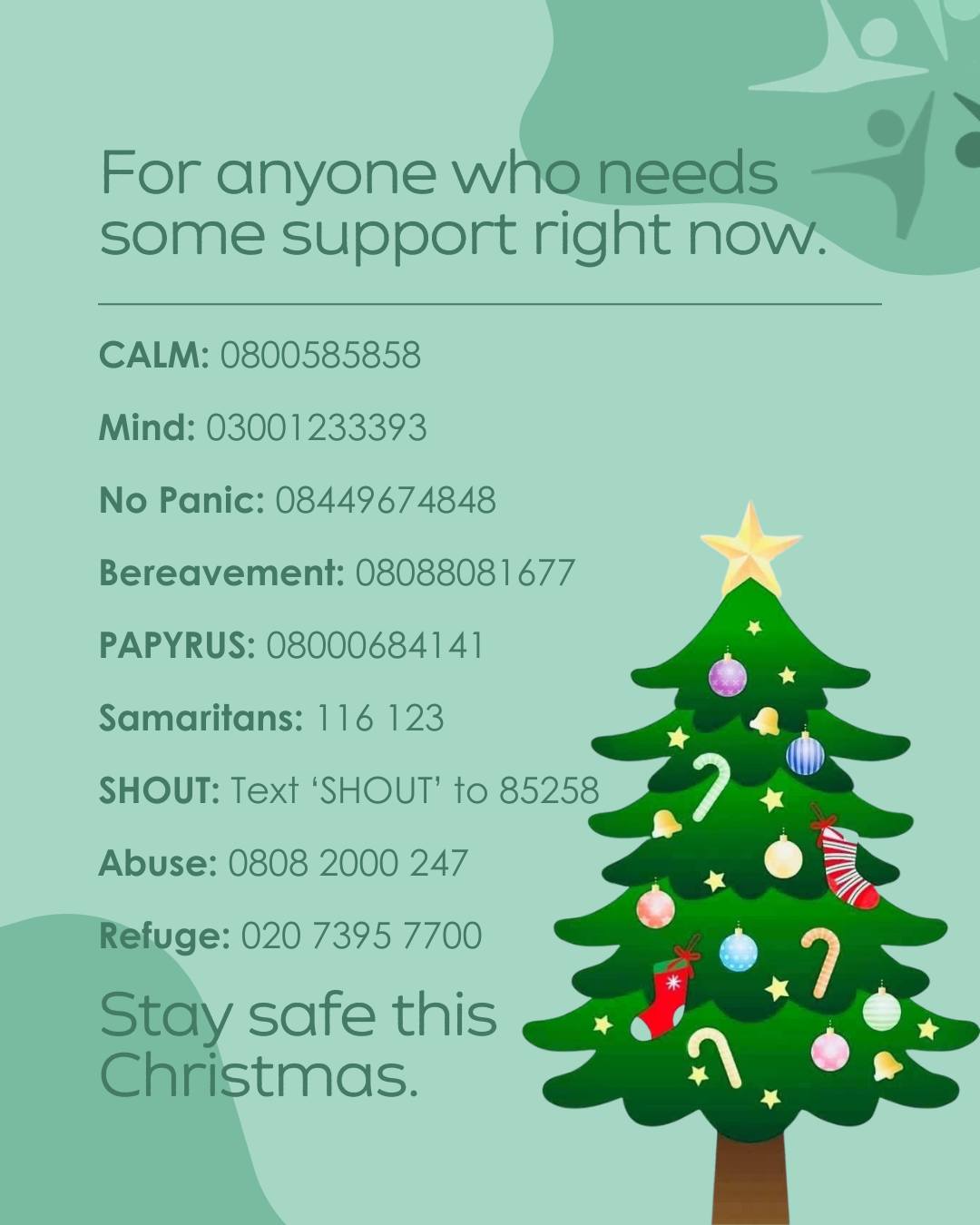 Christmas isn’t easy for everyone. If you or someone you care about is struggling right now, help is available. You are not a burden, and you don’t have to cope alone.
Support lines are open for anyone who needs to talk, be heard, or feel safer this season. Please reach out if things feel overwhelming.
Stay safe this Christmas 🤍