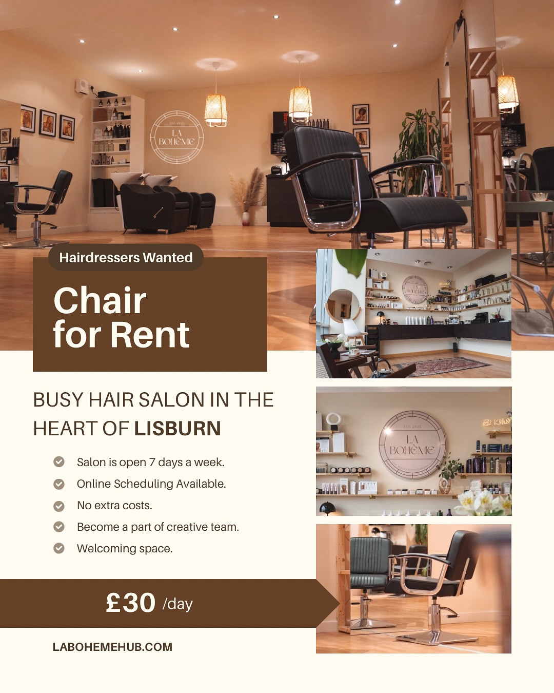 If you’re a hairdresser, makeup artist, or nail tech looking for a fresh, professional space, Laboheme Hub is open for you. We’ve created a warm, stylish environment that supports independent artists. Book a walk-through and see what it’s like to work here.
We currently have hairdressing chairs, a makeup station, and a nail station available to rent.
Your simple rent fee covers everything: Wi-Fi, all utilities, fresh coffee for your clients, Suki teas, and a beautifully maintained space you’ll feel proud to bring people to.
If you’d like to join a supportive community of like-minded creatives, get in touch and we’ll arrange your visit.
#lisburn #rentachair #makeuplisburn #naildesk #rent #northernireland