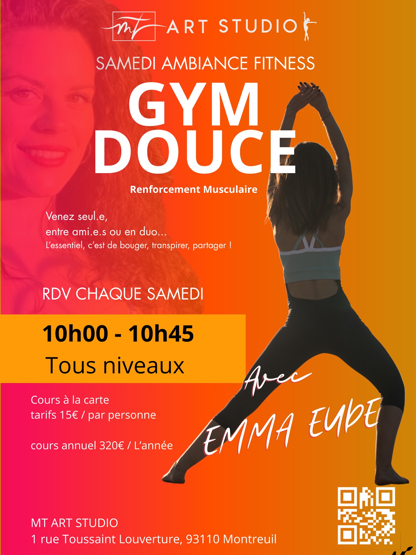 🌟 NOUVEAUTÉ AU MT ART STUDIO ! 🌟
On prend soin de soi tout en douceur… mais efficacement !
Dès samedi 22, retrouvez notre nouveau cours de Gym Douce (renforcement musculaire) à Montreuil 💪✨
Chaque samedi :
➡️ GYM DOUCE • 10h à 10h45
Avec : @la_eude
⸻
Un moment idéal pour réveiller le corps, renforcer vos muscles en profondeur et commencer votre week-end sereinement.
Accessible à tous les niveaux, ce cours allie respiration, posture et mouvements contrôlés dans une ambiance calme, bienveillante et motivante 🌿💛
✨ Ce que vous allez aimer :
• Renforcement musculaire en douceur
• Travail postural et mobilité
• Exercices accessibles à tous
• Un vrai moment pour vous 💆♀️💆
💸 Tarifs :
• Cours à l’unité : 15€
• Abonnement annuel : 320€
Réservez vite votre place sur notre site… et venez prendre soin de votre corps avec nous 🙌
⸻
#gymdouce #renforcementmusculaire #bienétre #montreuil #mtartstudio #coursbienêtre #danse93 #sportsanté #mobilite #renfo #prendresoindesoi #studiodedanse #nouveaucours #weekendzee
