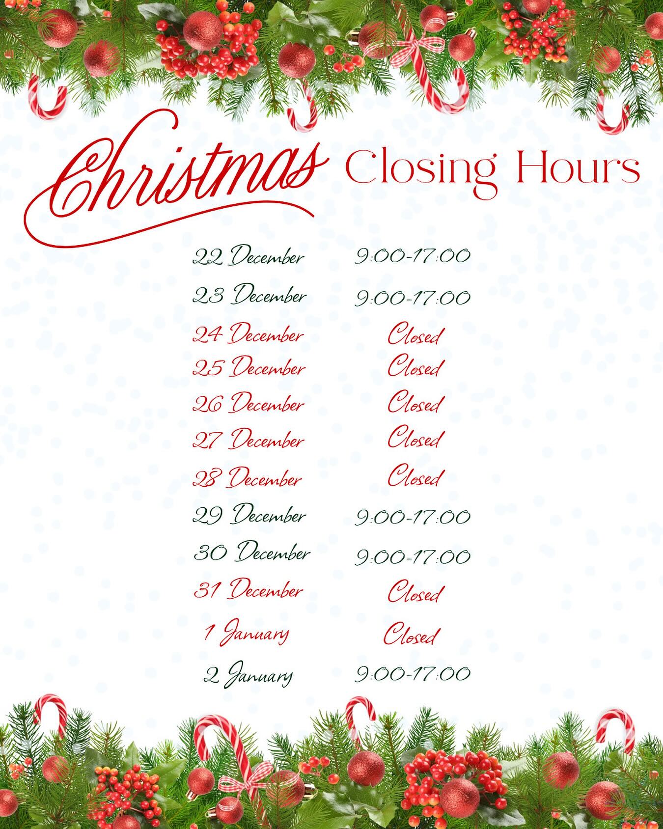 The festive season is here 🎅✨
Here are our updated Christmas opening hours – Merry Christmas and Happy New year 🎄