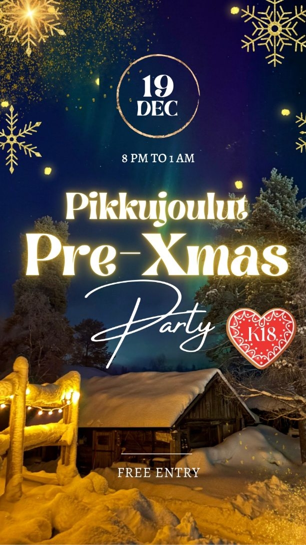 🇫🇮 Mettäbaarin pikku(tuhmat)joulut 19.12.! 🎅🔥
ㅤ
Tätä on odotettu ja kysytty – nyt toiveenne toteutuu!
ㅤ
🎄 Perjantaina 19.12. klo 20.00–01.00 Mettäbaarin talli muuttuu jälleen bilemestaksi. Luvassa glögiä, piparia ja muutama yllättäväkin twisti illan aikana.
ㅤ
Illan rytmeistä vastaa DJ Audi.
ㅤ
Tule mukaan kokemaan Mettäbaarin ainutlaatuinen pikkujoulutunnelma!
K18
ㅤ
🇬🇧 Mettäbaari’s Naughty Little Pre-Christmas Party – Dec 19th! 🎅🔥
ㅤ
You asked for it — and now it’s finally happening!
ㅤ
🎄 On Friday, Dec 19th, from 20:00 to 01:00, the barn transforms into a festive — and delightfully naughty — pre-Christmas party spot. We’ll be serving mulled wine, gingerbread, and a few surprises to keep things interesting.
ㅤ
Music by DJ Audi, keeping the energy high and the dance floor moving all night long.
ㅤ
Step into the unique Mettäbaari Christmas spirit — with a playful twist.
Age limit 18+
#mettäbaari #Saariselkä #forestbar #pikkujoulut #prechristmasparty