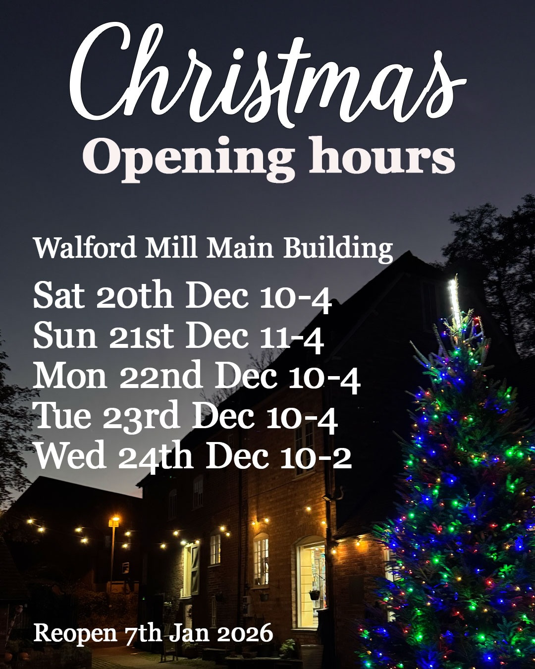 🎄 Extended opening hours! 🎄
We’re open right through until Christmas Eve for all your last-minute gift shopping - you’ll find gorgeous jewellery, hand woven silk, original paintings, prints, ceramics, mugs, needlefelted animals, cards, craft kits and much more!
Friday 19th Dec: 10-5
Saturday 20th Dec: 10-5
Sunday 21st Dec: 11-4
Monday 22nd Dec: 10-4
Tuesday 23rd Dec: 10-4
Christmas Eve: 10-2
See you soon!
Please note gorgeous little gingerbread house Nutty Parrott studios housing @seaparrott and @wendynuttjewellery closes for Christmas this Sunday.
@littlepickleatthemill will reopen Tuesday 6th Jan and Walford Mill & Nutty Parrott reopen Wednesday 7th Jan