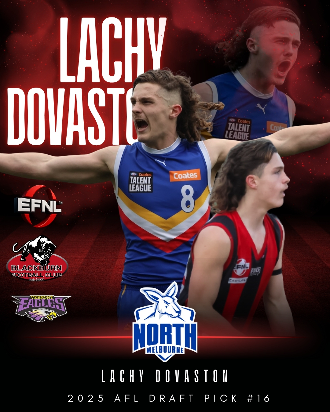 AFL 2025 Draft | Pick Number 16 - Lachy Dovaston
Congratulations to Blackburn Football Club's Lachy Dovaston, selected at Pick Number 16 in the AFL Draft by @nmfcofficial!