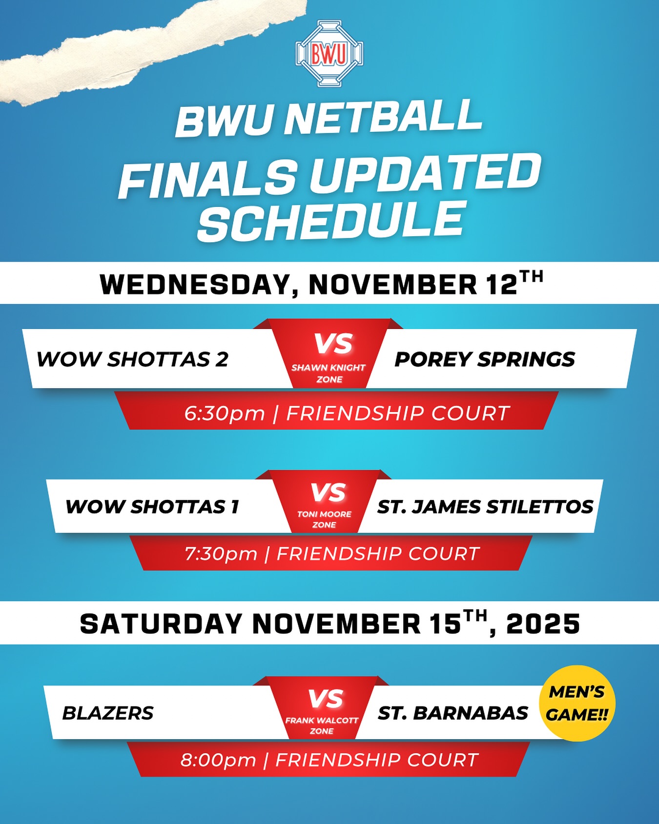 🏐 FINALS TIME! 🏆
Check out the schedule for the BWU Netball Finals and come out to show your support.
Let’s end the season with energy, cheers, and community spirit! 🔥💪