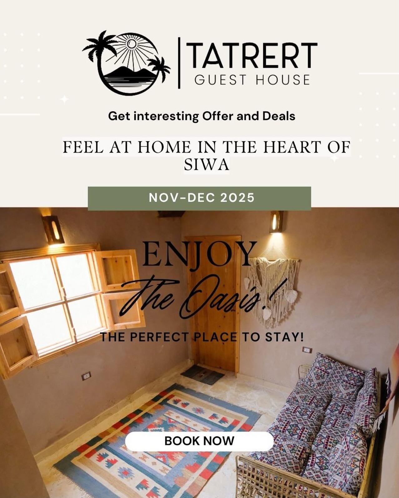 ✨ Stay at Tatret Guest House – Your Siwa Oasis Escape ✨
Looking for a peaceful stay in Siwa?
Tatret Guest House offers cozy rooms, warm hospitality, and an authentic Siwa experience 🌴✨
🏡 Stay with us for:
• Comfortable & clean rooms
• Traditional Siwan vibes
• Relaxing desert atmosphere
• Close access to top Siwa attractions
• Transportation available upon request 🚐
Book your stay now and let us make your Siwa trip unforgettable 💛
🌞 Your oasis getaway starts here.
📩 DM to reserve or use the link in bio.
#SiwaOasis #TatretGuestHouse #SiwaEgypt #SiwaStay #EcoRetreat #SiwaTravel #SiwaAdventure #VisitEgypt #SiwaHotels #SiwaVacation #TatretExperience