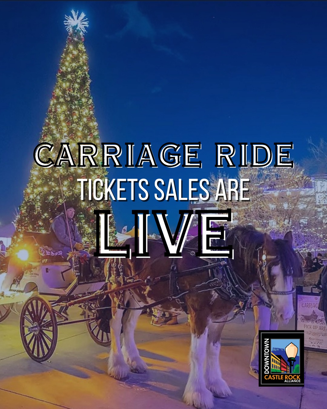 Carriage ride tickets are now officially SOLD OUT. Thank you all for your enthusiasm, we can’t wait for another wonderful season! 🐴
* * *
2025 Carriage Ride tickets are LIVE ✨
Head to the link in our bio to get your ticket! 🎫
One (1) ticket can be purchased per person.
One (1) ticket reserves the entire carriage for 1 ride with 4 adults.
(In some cases, 2 adults and 3 children under the age of 10 are allowed. This is for the safety of the horses and people being pulled in the carriage.)
For more information about Downtown Castle Rock carriage rides, please head to our website!